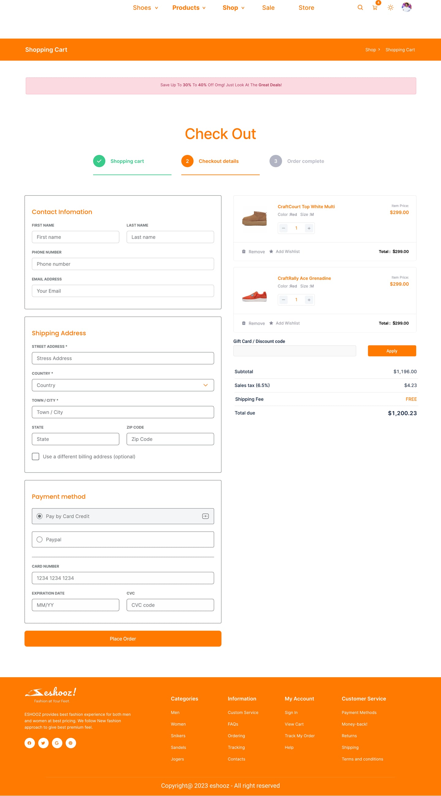 Full-length Eshooz Orange ecommerce website checkout page design with address and payment forms beside an order summary.
