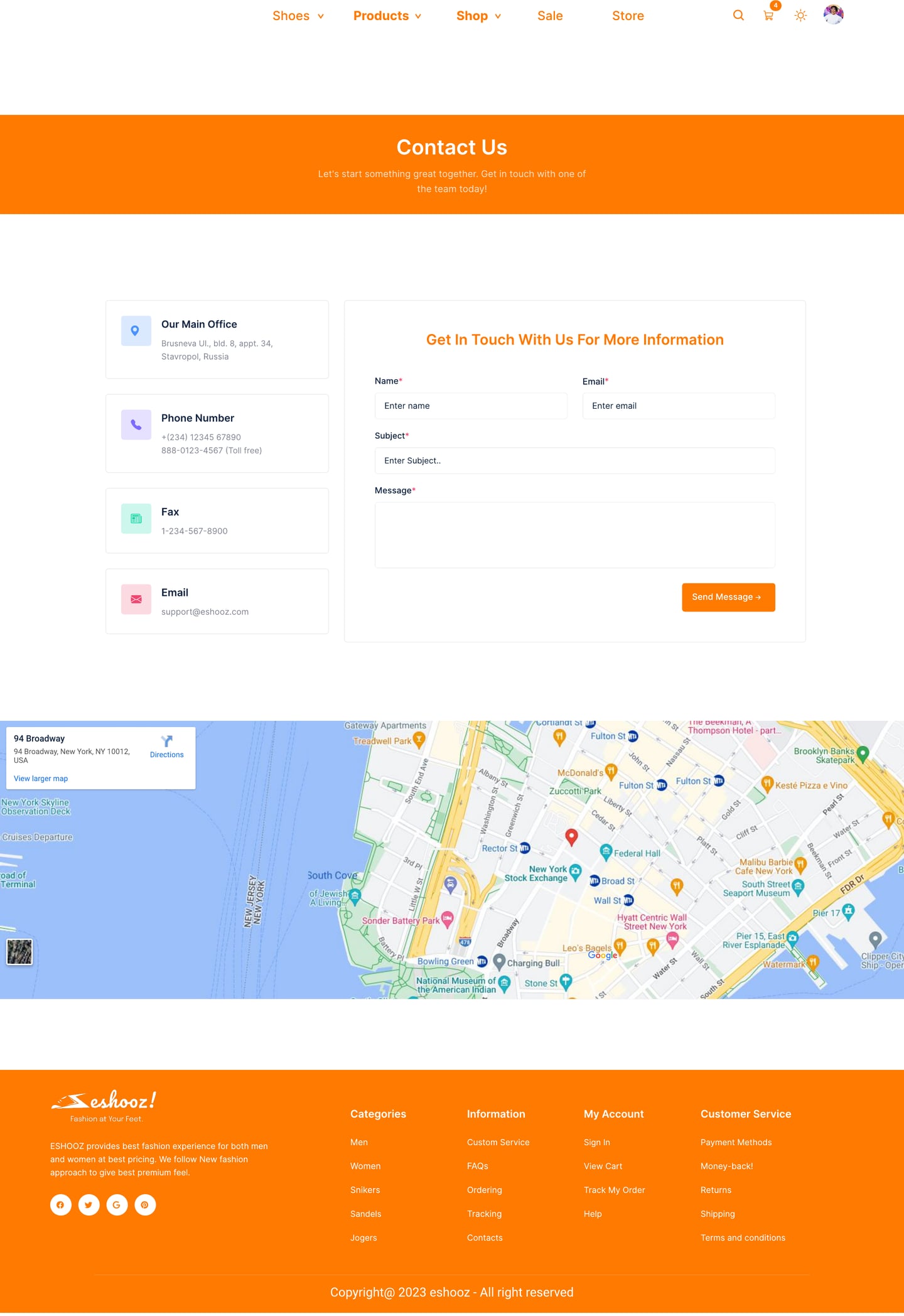 Full-length Eshooz Orange ecommerce website contact page design with contact details, a message form and a full-width map.