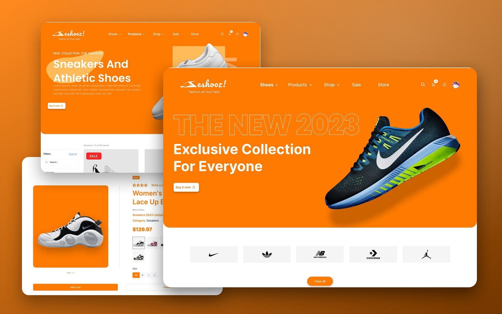 Eshooz Orange ecommerce website showcase: an orange home page hero with an outlined 2023 headline and a sneaker, in front of the shop and product pages on an orange gradient.