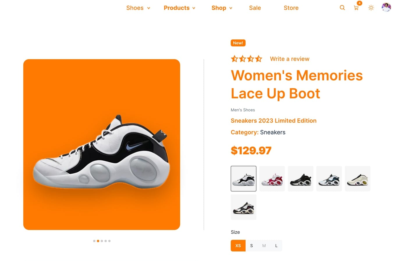 Eshooz Orange ecommerce website product page with an orange framed boot photo, thumbnails, price and a size selector.