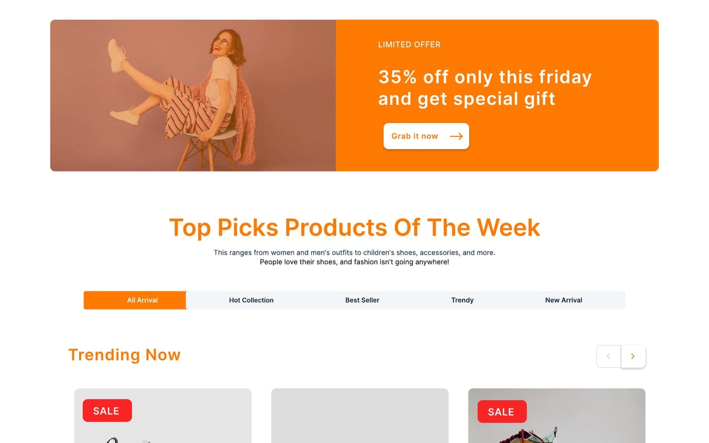 Eshooz Orange ecommerce website limited offer banner with a photo panel, followed by a tabbed top picks product row.