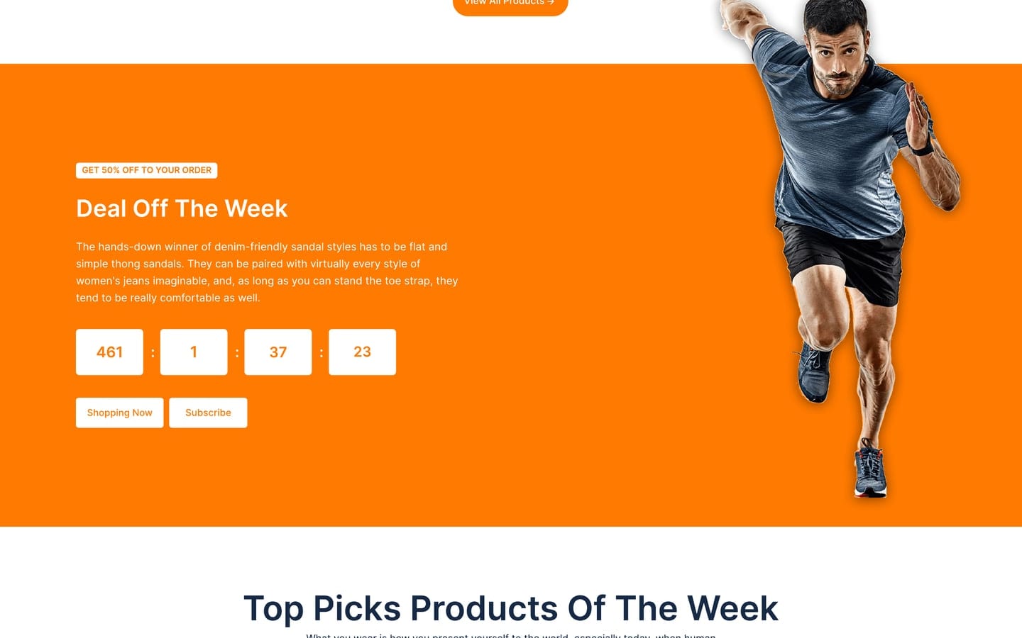 Eshooz Orange ecommerce website deal of the week band, an orange panel with white countdown tiles and a sprinting athlete.