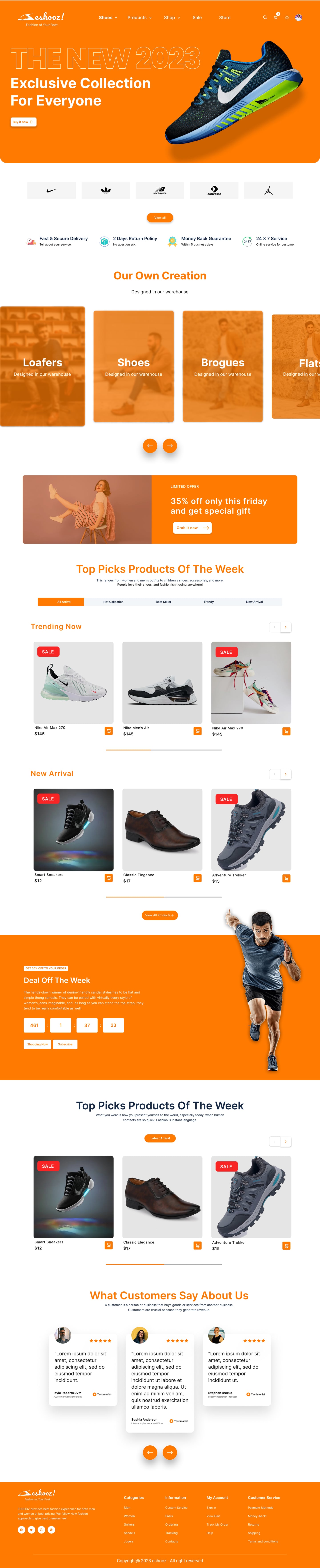 Full-length Eshooz Orange ecommerce website home page design with an orange hero, brand logos, a category carousel, a limited offer banner, tabbed product rows and a deal countdown.