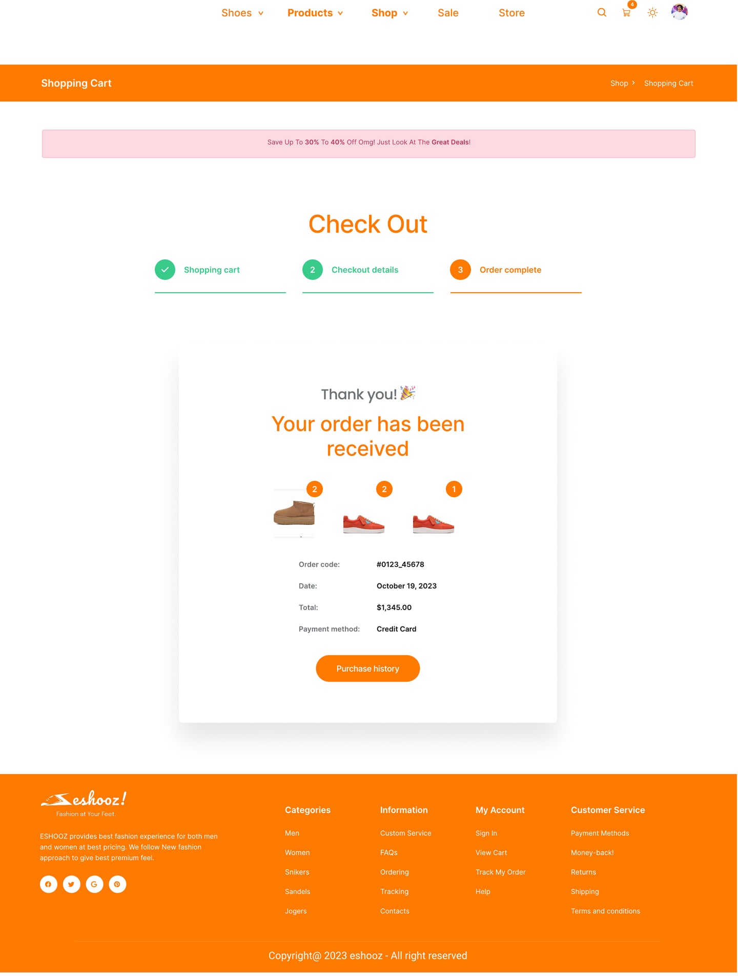 Full-length Eshooz Orange ecommerce website order confirmed page design with a thank you card, the ordered items and a continue shopping button.