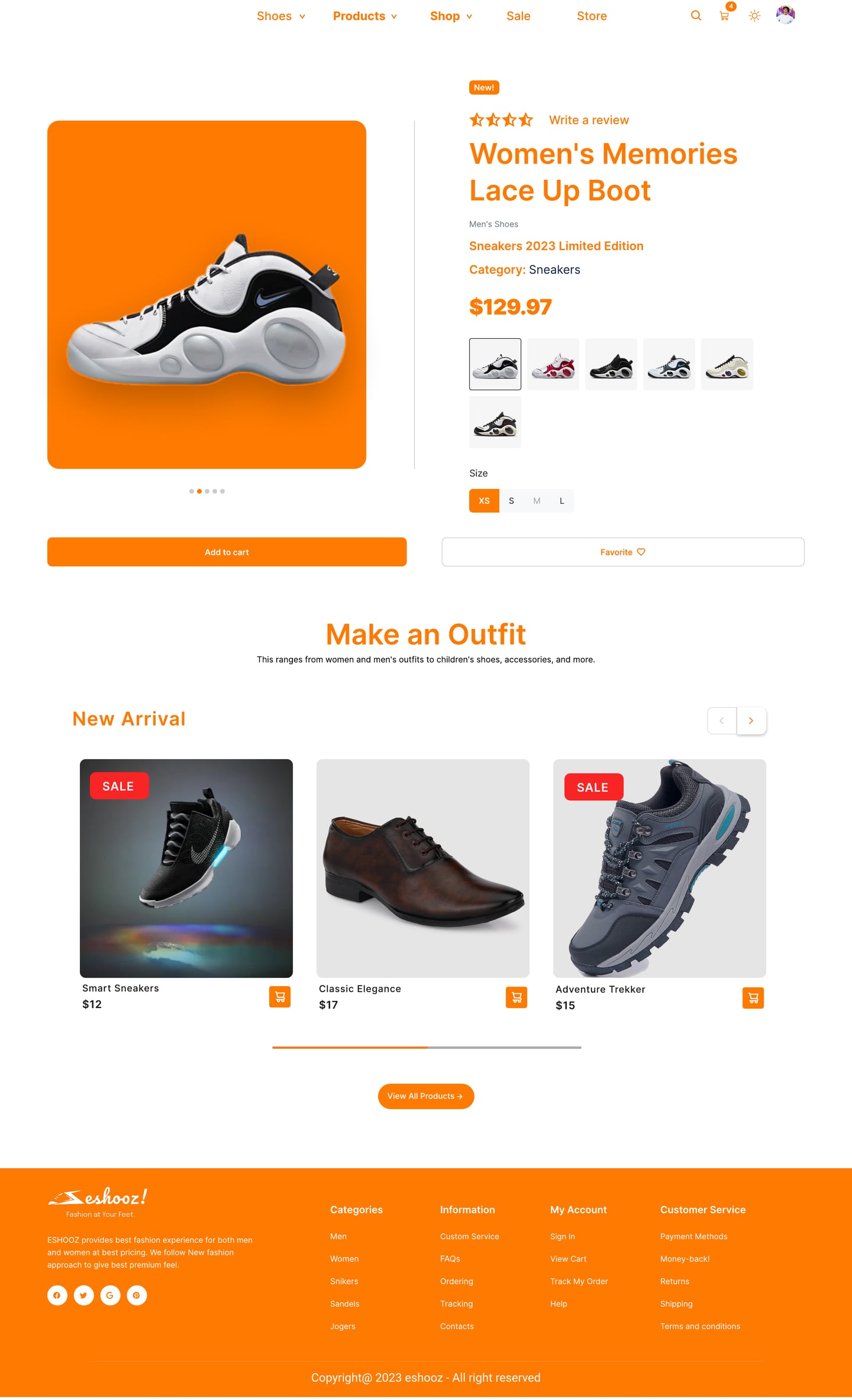 Full-length Eshooz Orange ecommerce website product page design with an orange framed shoe gallery, thumbnails, size selector, price and an add to cart bar.