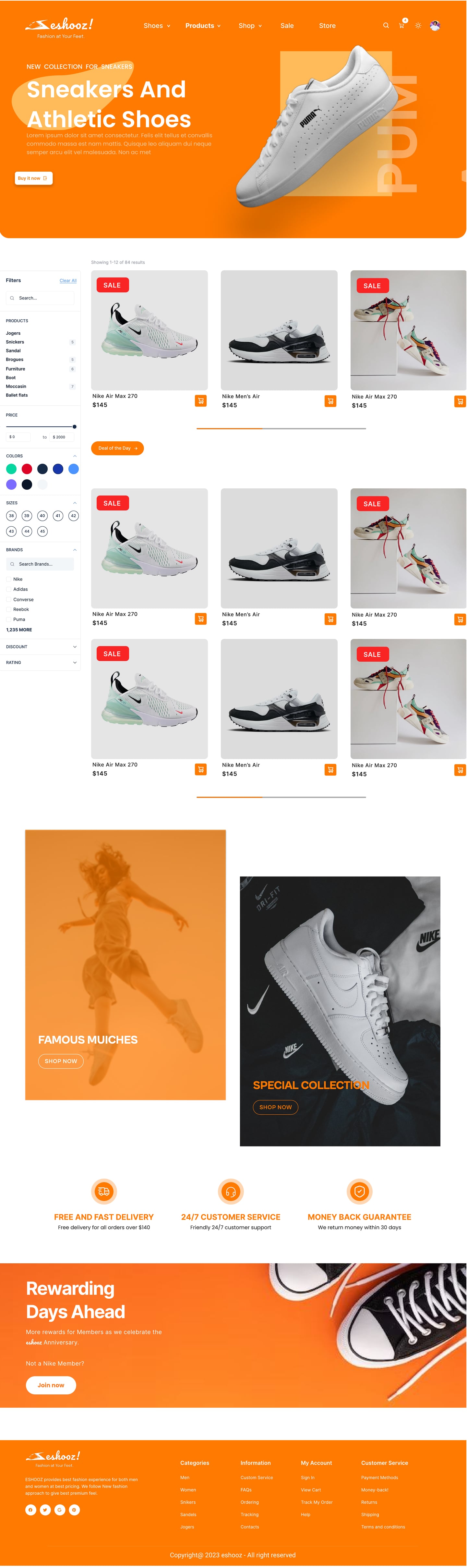 Full-length Eshooz Orange ecommerce website shop page design with an orange hero, filter sidebar, product grid with sale badges and a make an outfit section.