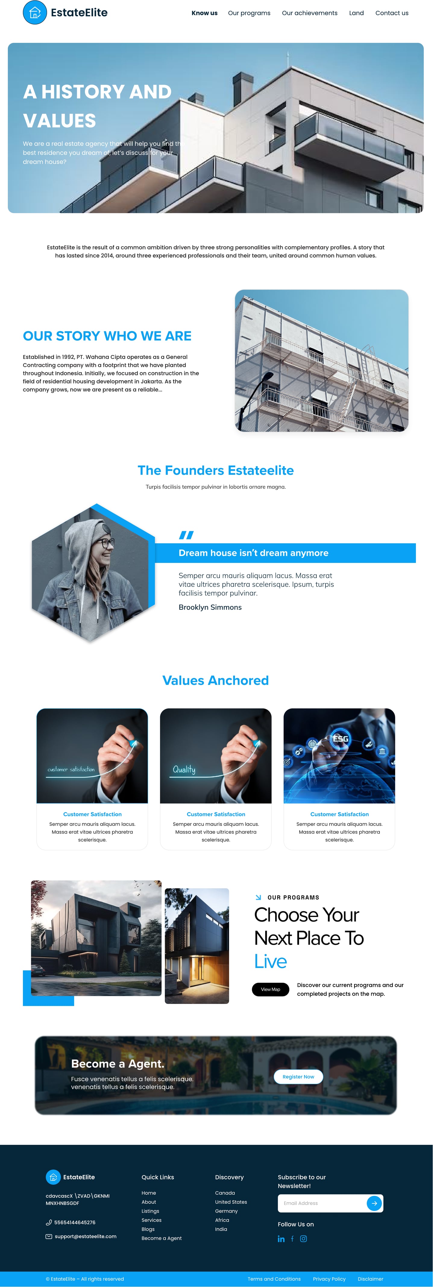 Full-length EstateElite Azure real estate website about page design with a glass facade hero, the founders story beside a hexagon portrait and three values cards.