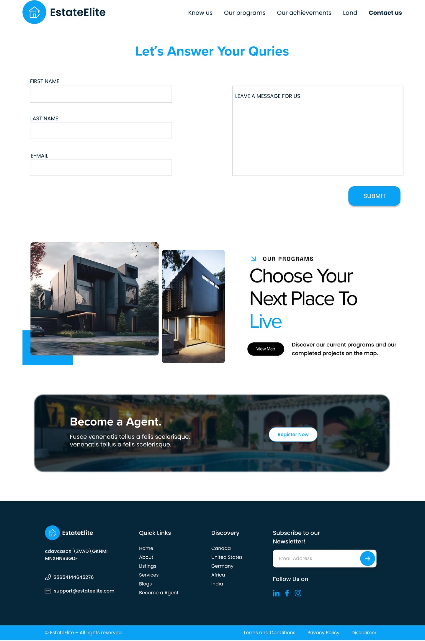 Full-length EstateElite Azure real estate website contact page design with a short contact form and a map call to action.