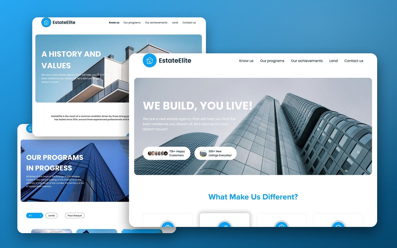 EstateElite Azure real estate website showcase: the home page with a glass tower hero large in front of the about and programs pages on an azure gradient.
