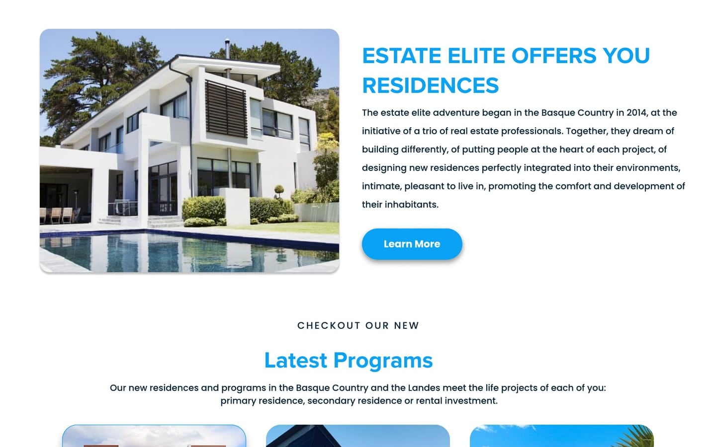 EstateElite Azure real estate website home page with four azure feature cards above a modern white house with a swimming pool beside an azure heading.
