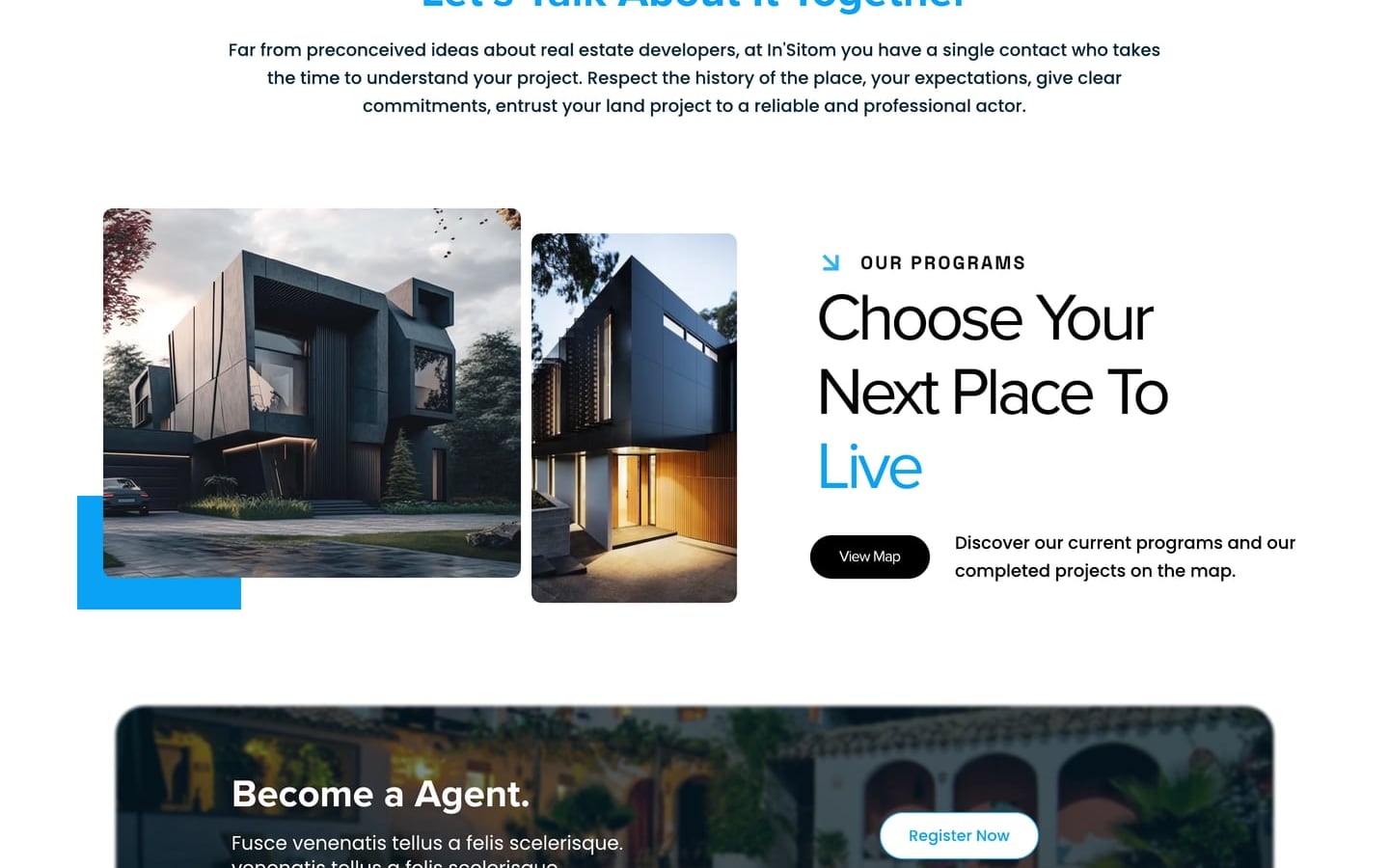 EstateElite Azure real estate website home page with a let us talk heading, two dark modern house photos and a choose your next place to live call to action.