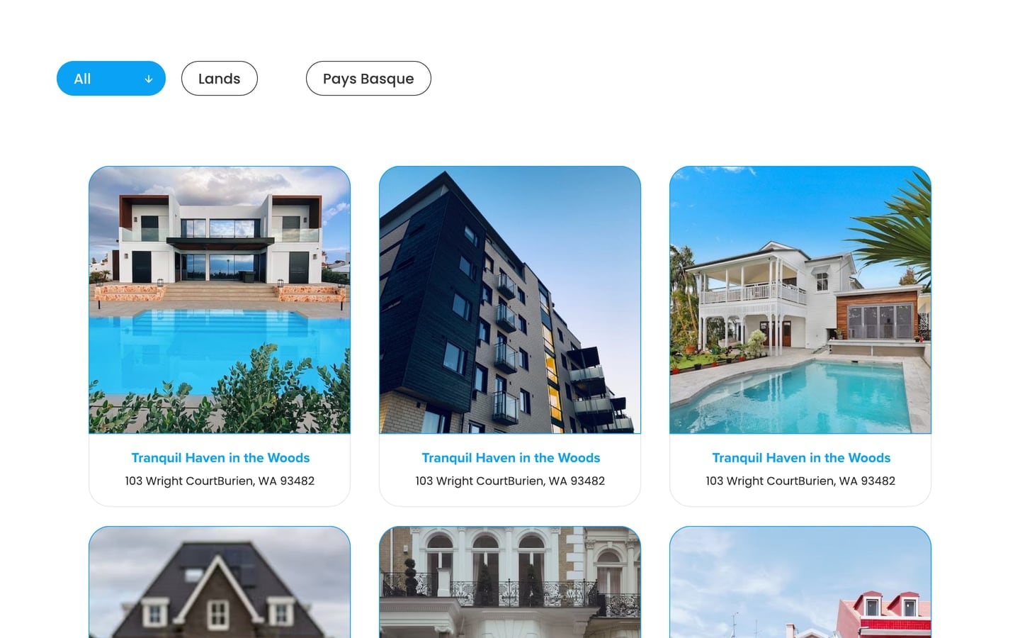 EstateElite Azure real estate website programs page with filter pills above a grid of photo cards with a blue outline, titles and addresses.