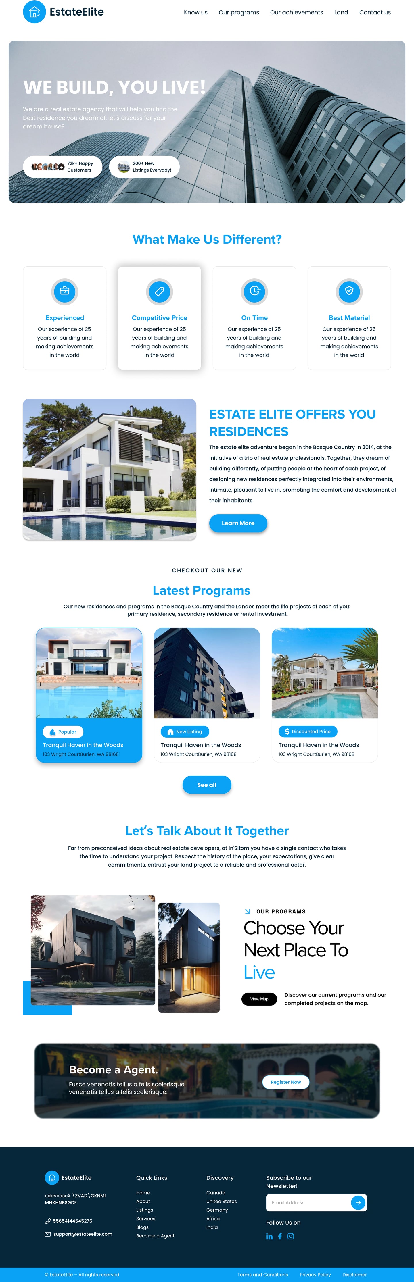 Full-length EstateElite Azure real estate website home page design with a rounded glass tower hero, four feature cards, a house and pool story section, latest programs cards and a navy footer.