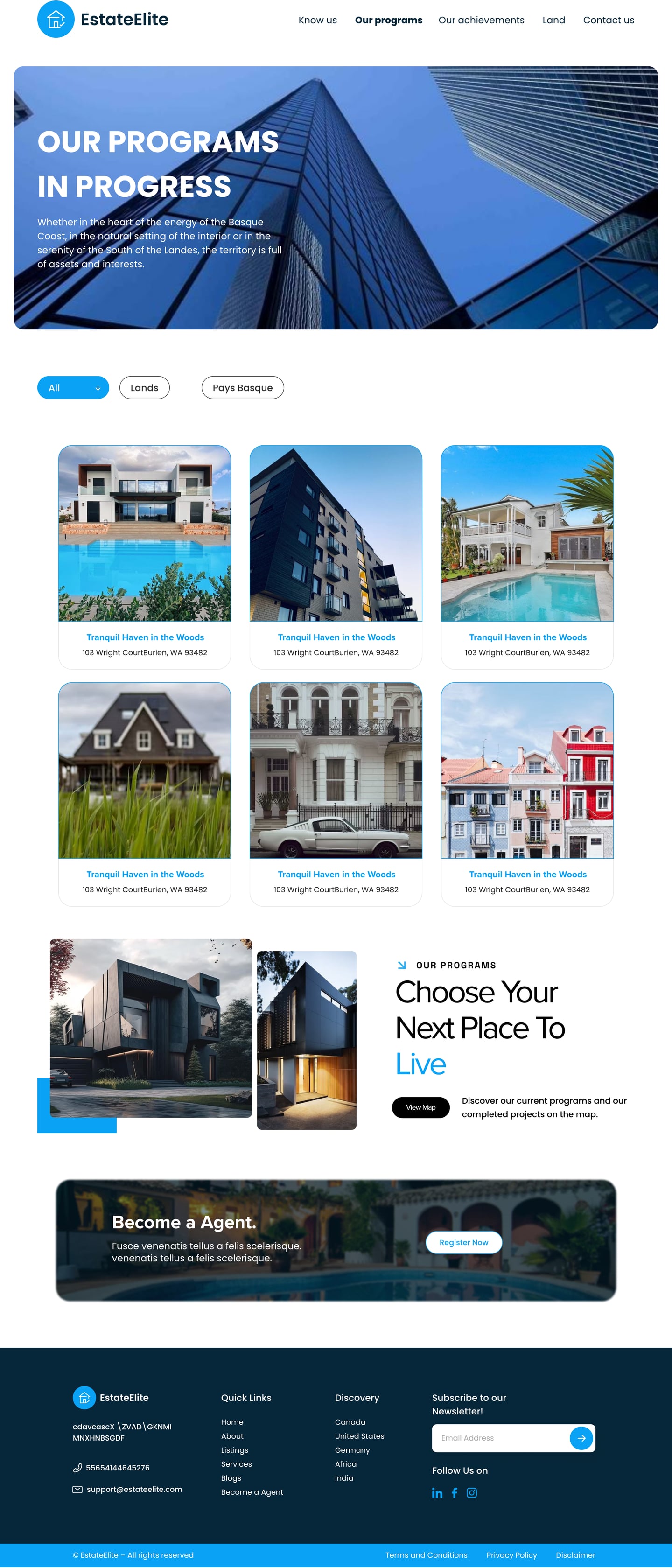 Full-length EstateElite Azure real estate website programs page design with a rounded hero of a blue glass tower, filter pills and a grid of program cards with a blue outline.