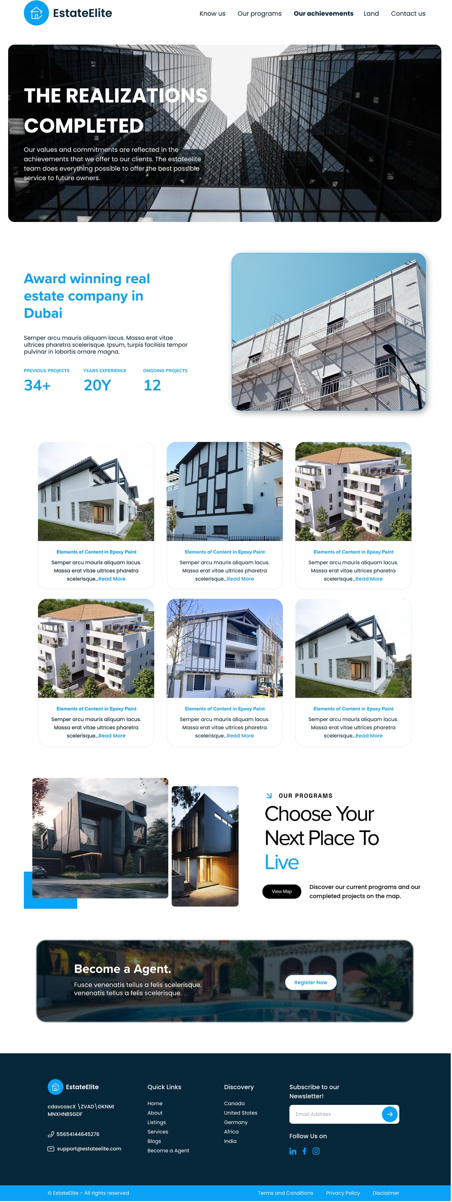 Full-length EstateElite Azure real estate website realizations page design with a dark facade hero, an awards statistics row and a grid of completed projects.