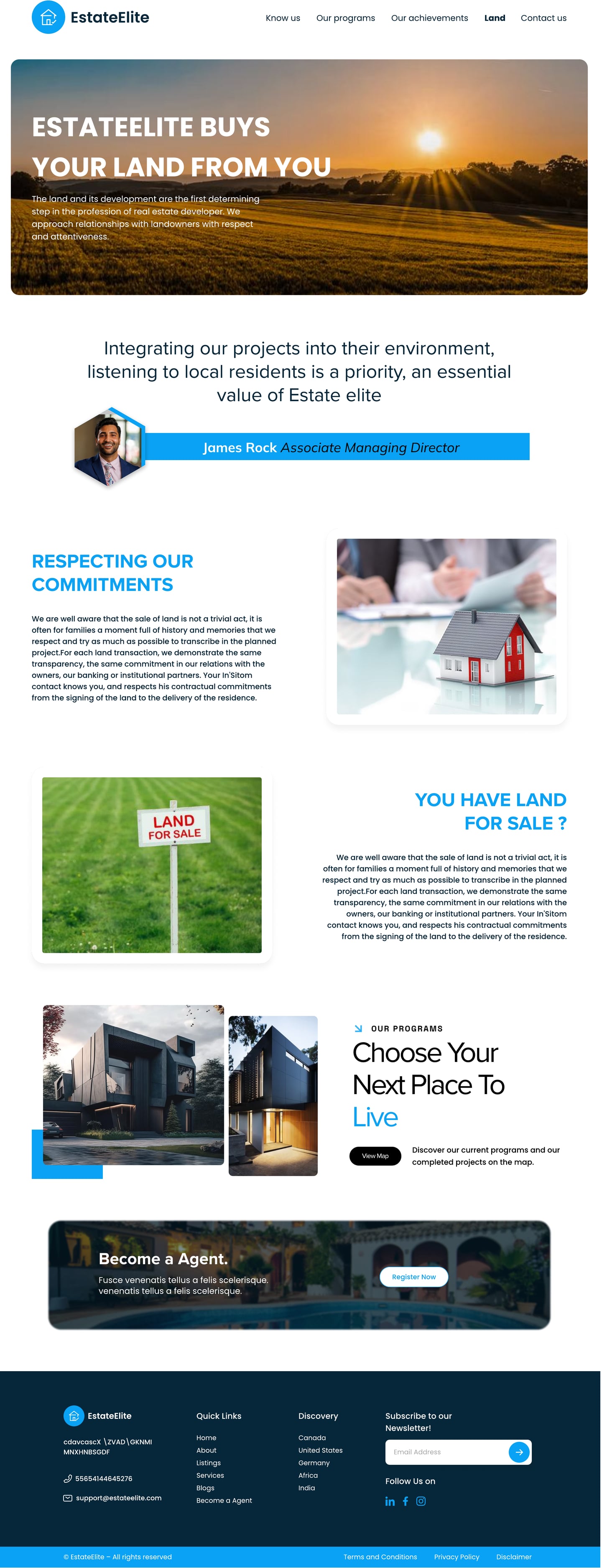 Full-length EstateElite Azure real estate website sell your land page design with a sunrise hero, a pull quote and two image and text rows about selling land.