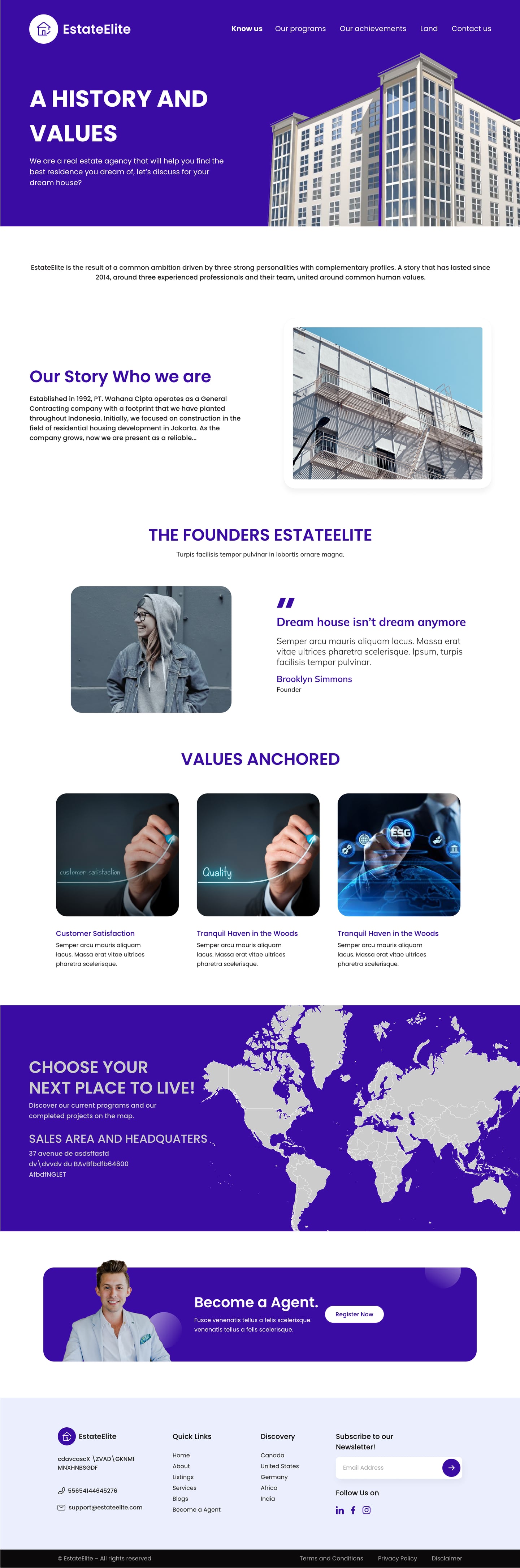 Full-length EstateElite Indigo real estate website about page design with a history and values hero, the founders story, a portrait panel and three values cards.