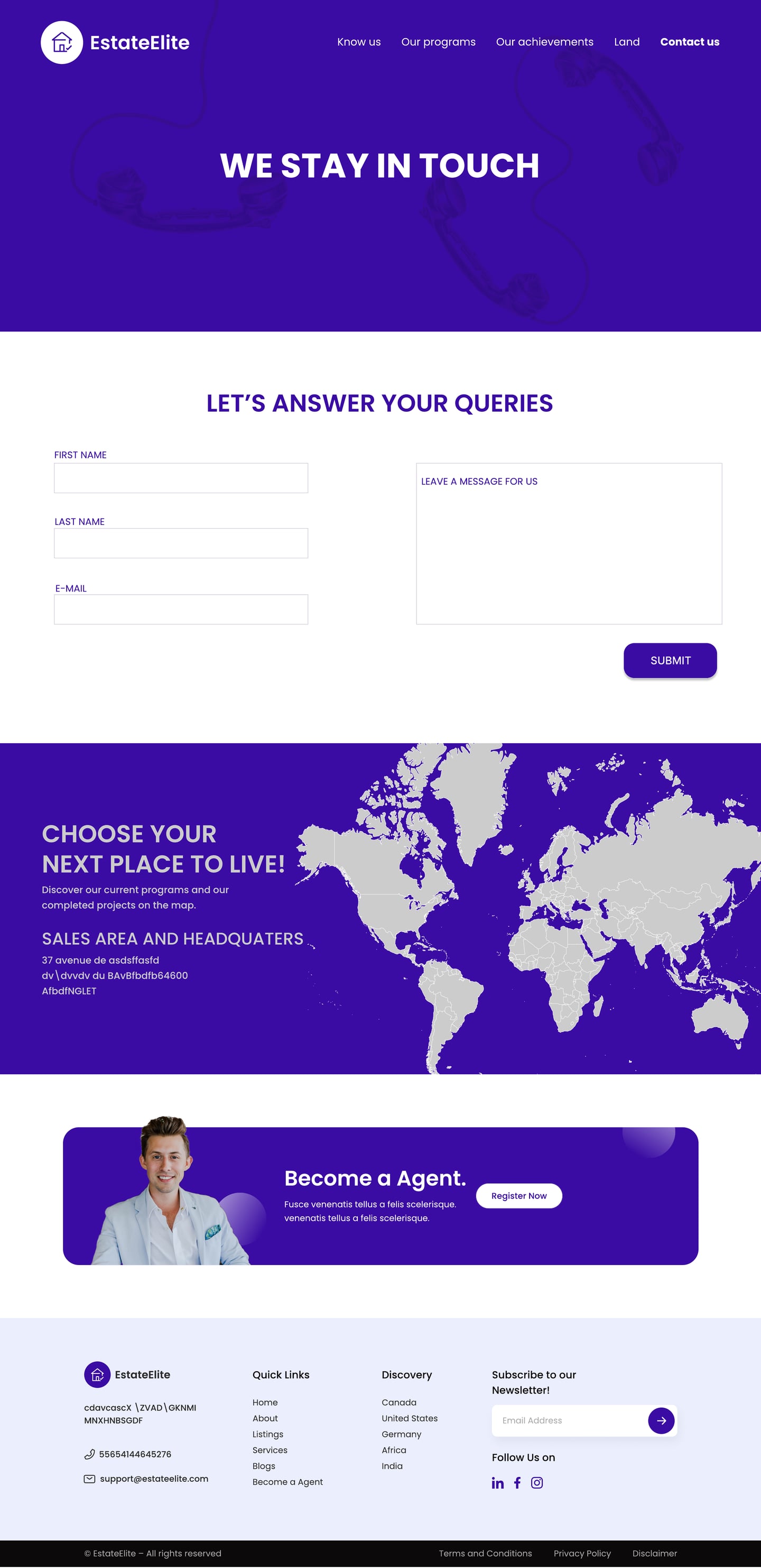 Full-length EstateElite Indigo real estate website contact page design with an indigo hero and a short inquiry form beside a message box.