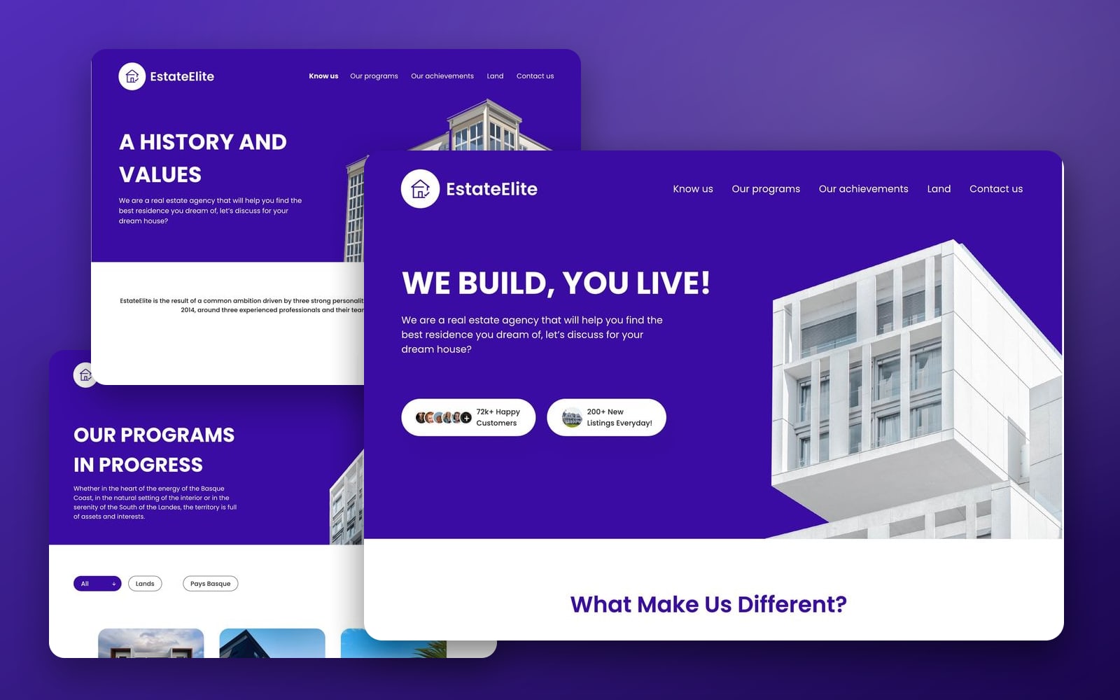 EstateElite Indigo real estate website showcase: the home page with a white architectural hero large in front of the about and programs pages on an indigo gradient.