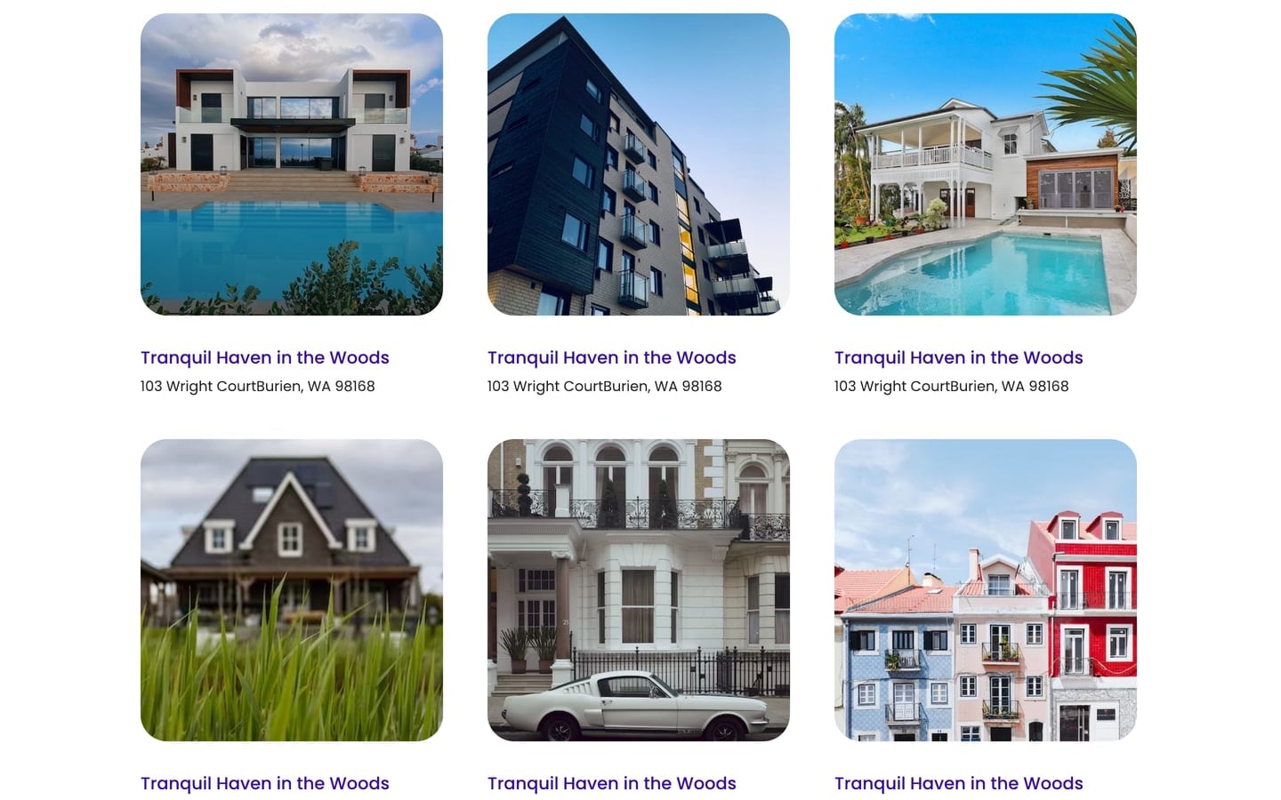 EstateElite Indigo real estate website programs page with filter pills above a grid of rounded cards, each with a house or apartment photo, a title and an address.