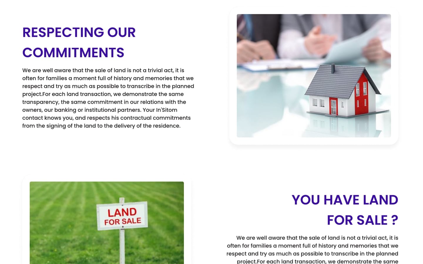 EstateElite Indigo real estate website sell your land page with an indigo heading beside a house model on a desk and a land for sale sign on green grass.