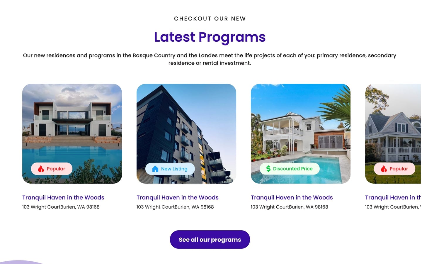 EstateElite Indigo real estate website home page latest programs carousel with four property cards, status tags and a see all programs button.