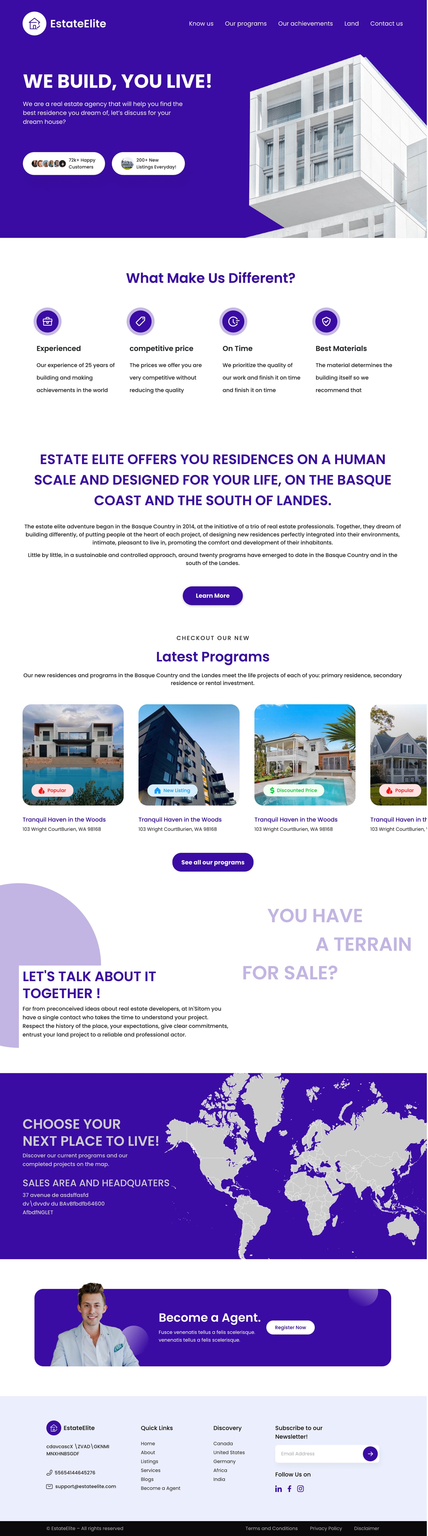 Full-length EstateElite Indigo real estate website home page design with an indigo hero, a white cantilevered building, four reasons to choose the developer, a latest programs carousel and a land owner call to action.