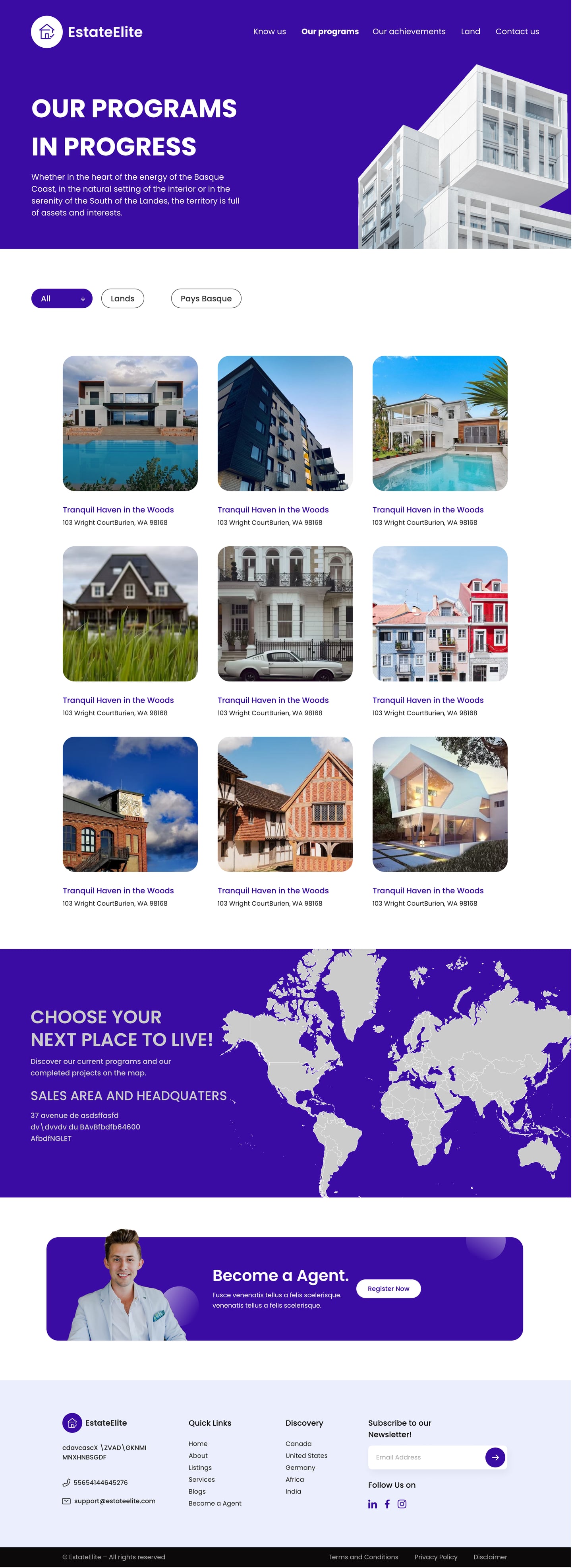 Full-length EstateElite Indigo real estate website programs page design with an indigo hero, filter pills and a three by three grid of rounded program cards.