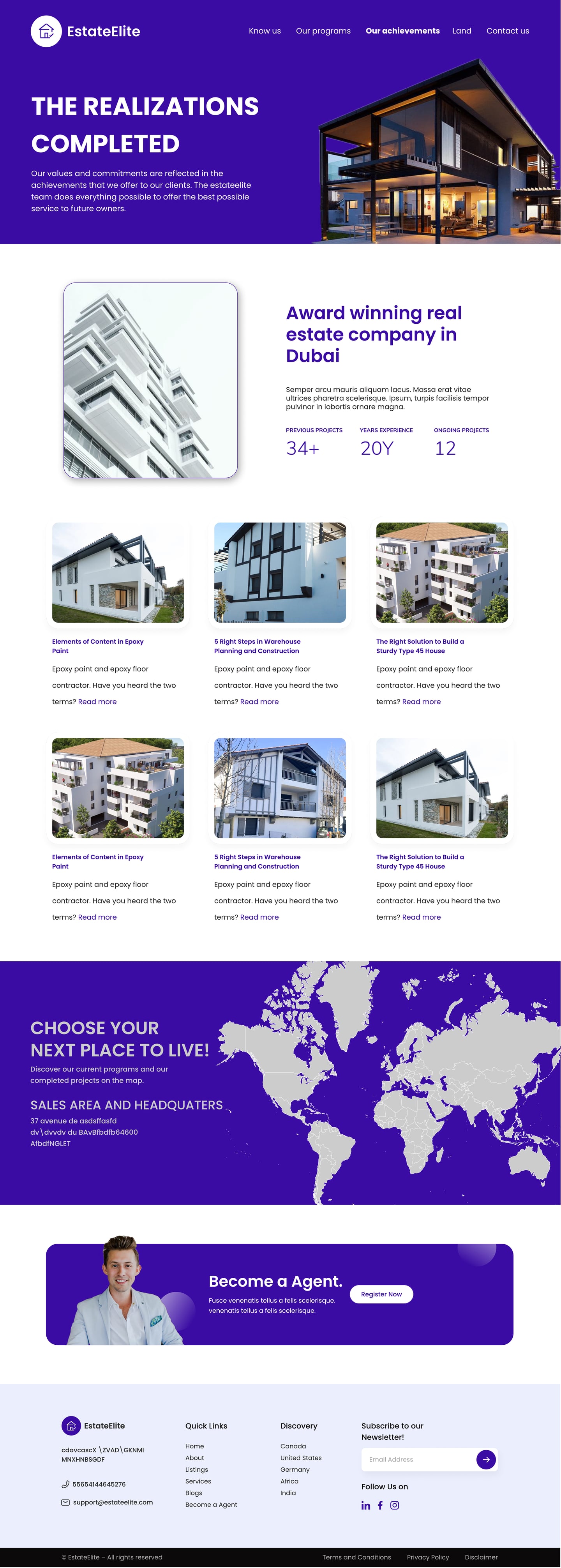 Full-length EstateElite Indigo real estate website realizations page design with a dark glass tower hero, an awards statistics row and a grid of completed projects.