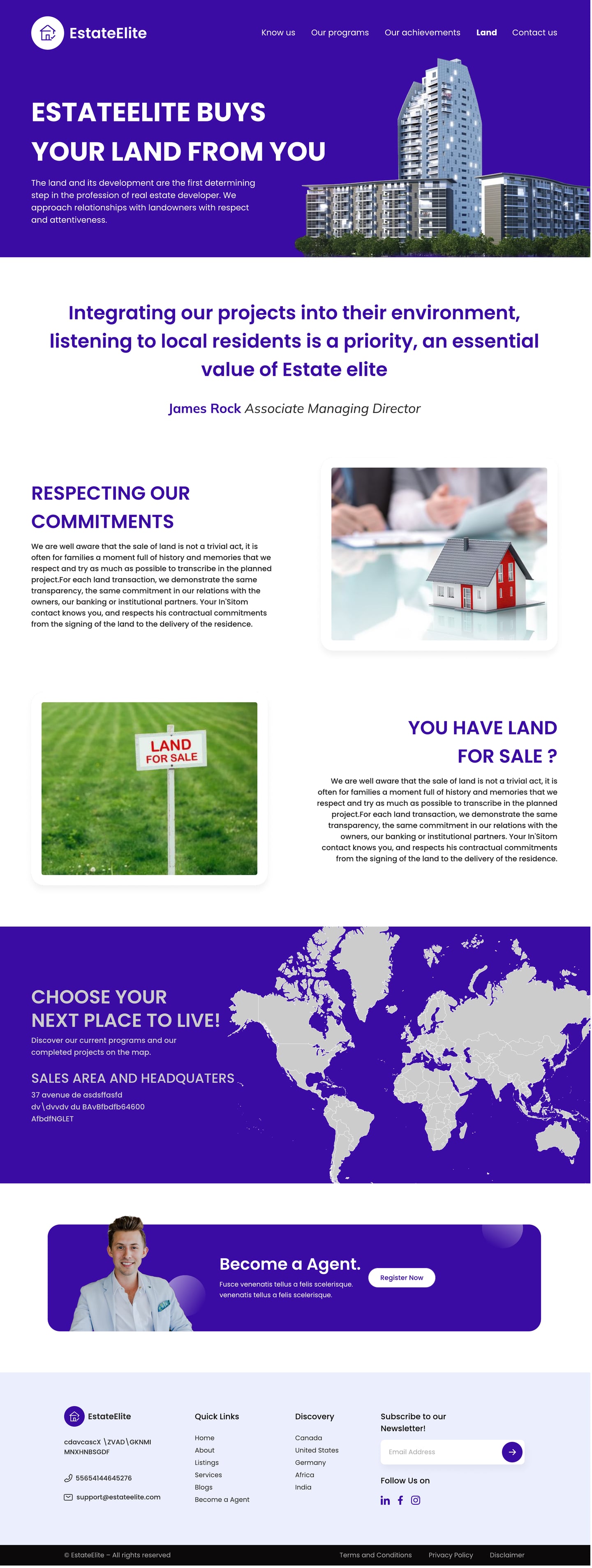 Full-length EstateElite Indigo real estate website sell your land page design with a skyline hero, a pull quote and two image and text rows about selling land.