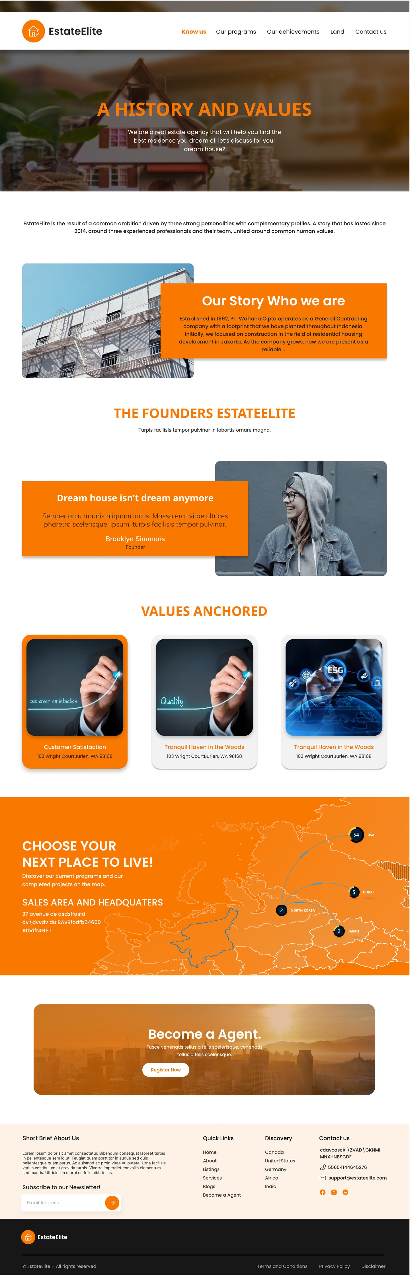 Full-length EstateElite Orange real estate website about page design with an aerial hero, the founders story in an orange panel beside a portrait and three values cards.