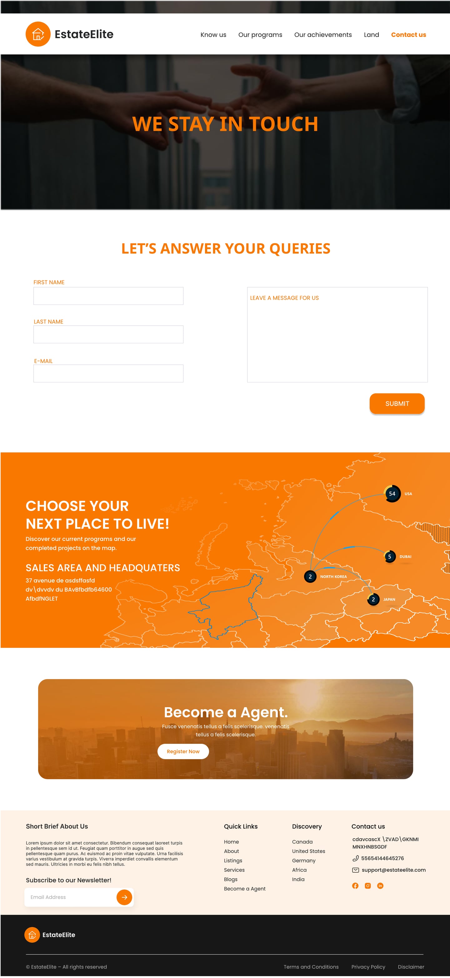 Full-length EstateElite Orange real estate website contact page design with an orange hero and a short contact form beside a message box.