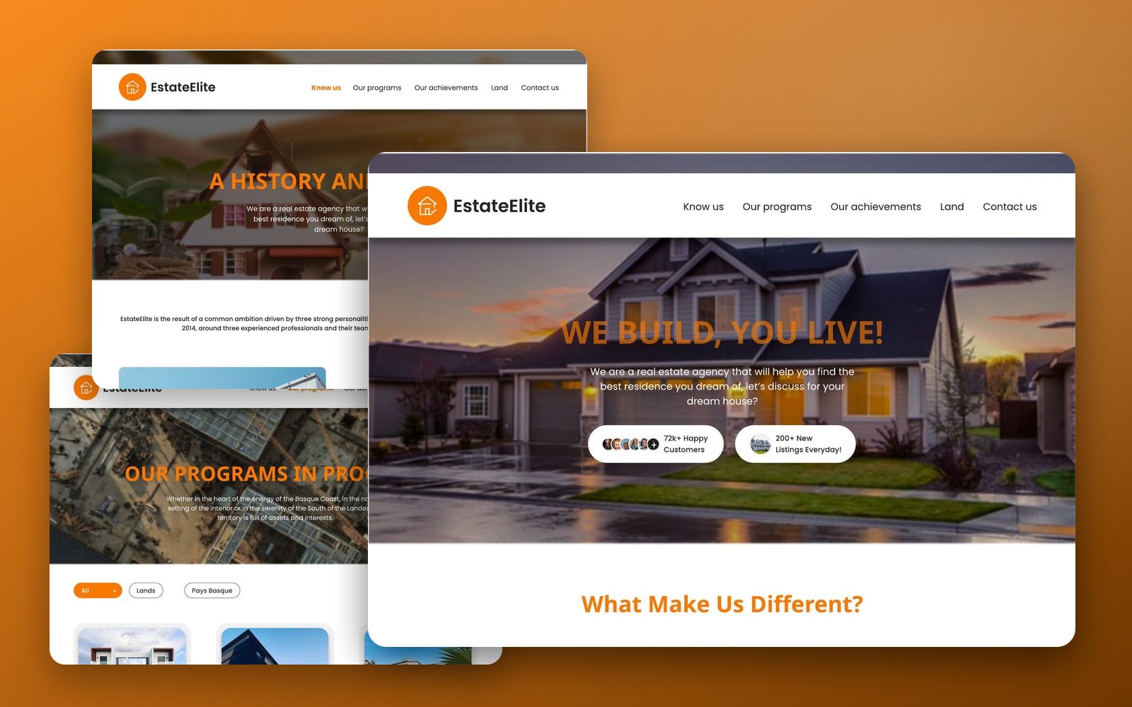 EstateElite Orange real estate website showcase: the home page with a dusk house hero large in front of the about and programs pages on an orange gradient.