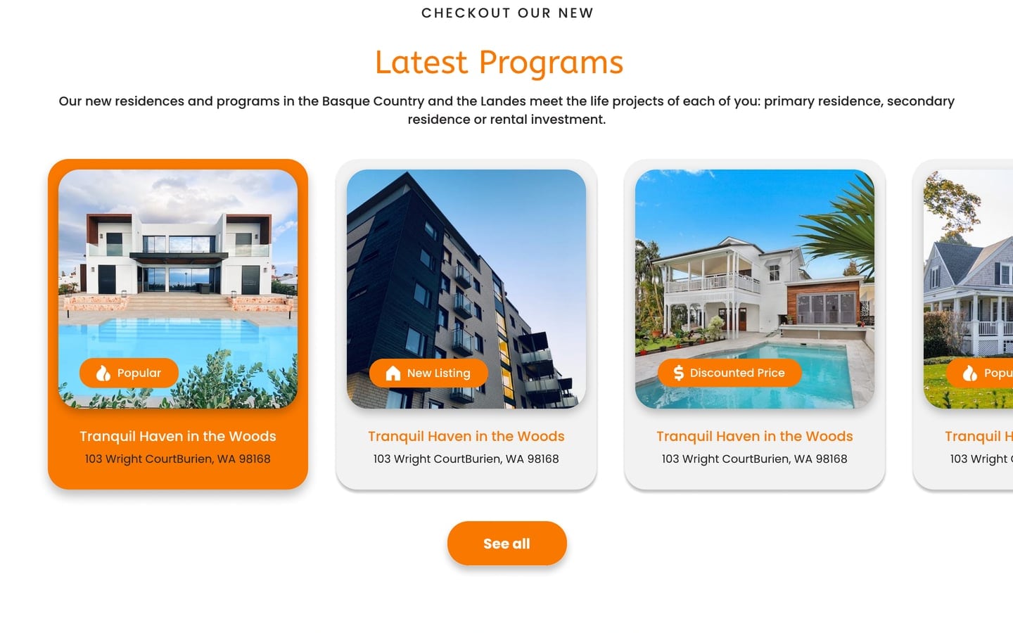 EstateElite Orange real estate website home page latest programs carousel with an orange highlighted card, three property photos and a see all button.