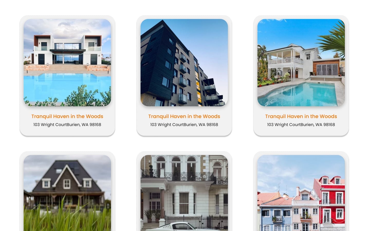 EstateElite Orange real estate website programs page with filter pills above a grid of soft shadow cards, each with a rounded property photo and an orange title.