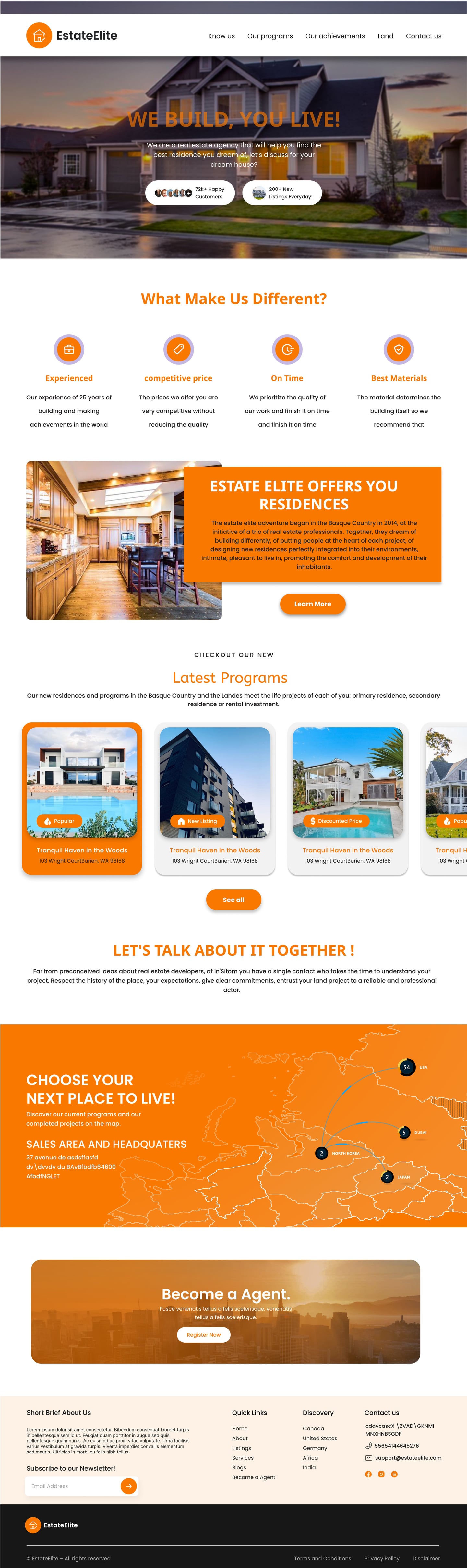 Full-length EstateElite Orange real estate website home page design with a dusk house hero, four orange reasons to choose, an interior photograph in an orange panel, a program carousel and an orange map band.