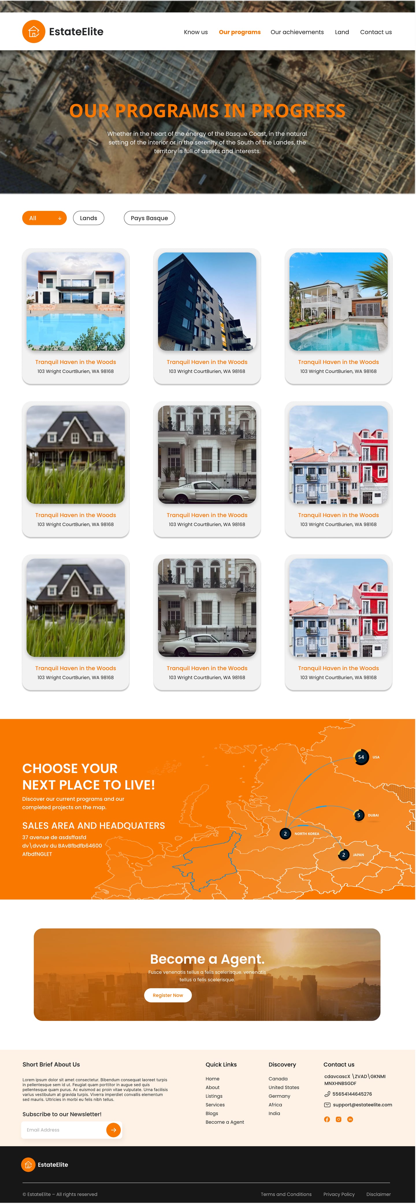 Full-length EstateElite Orange real estate website programs page design with an aerial construction hero, filter pills, a three by three grid of soft shadow cards and an orange map band.