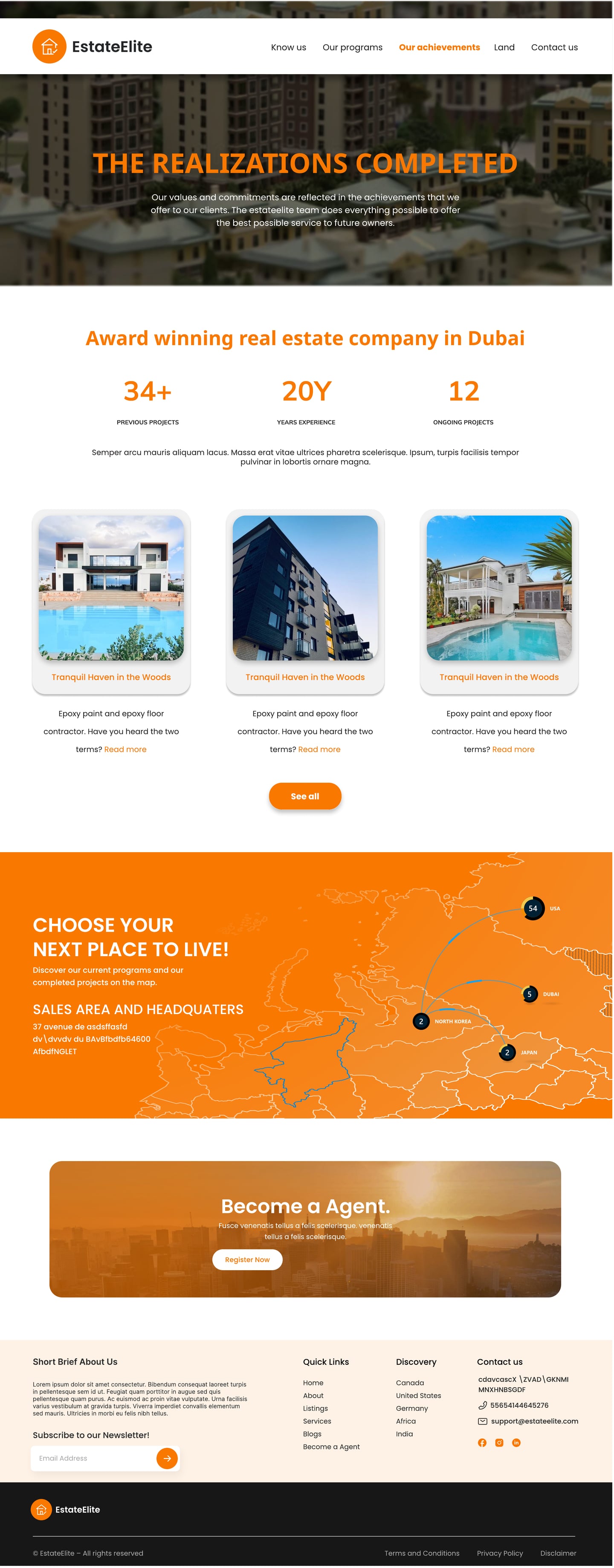 Full-length EstateElite Orange real estate website realizations page design with a city hero, an awards statistics row and a grid of completed projects.
