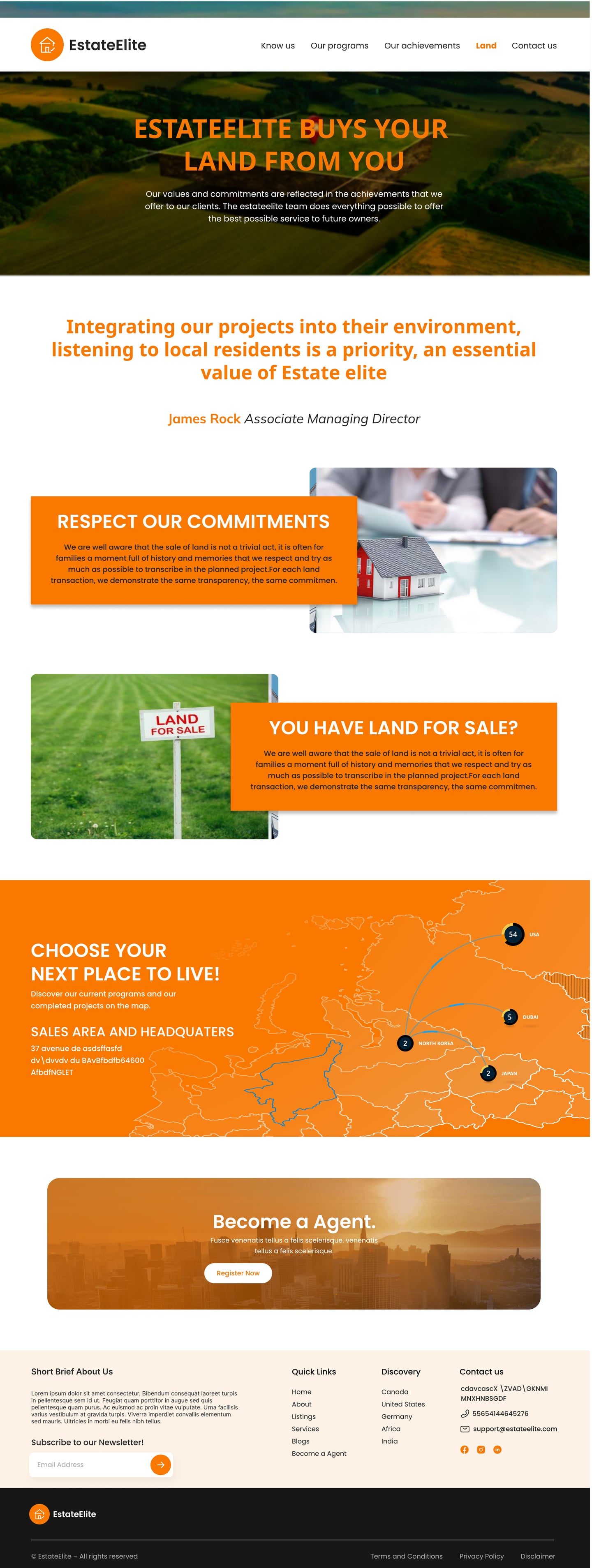 Full-length EstateElite Orange real estate website sell your land page design with a field at sunrise hero, a pull quote and orange text panels over land photography.