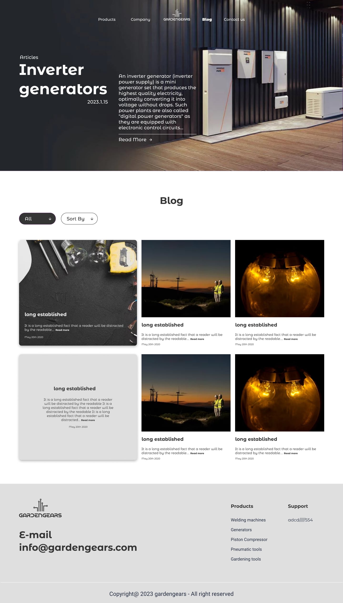 Full-length GardenGears Graphite ecommerce website blog page design with a hero of a generator beside a modern house, filter pills and a mosaic of article cards.