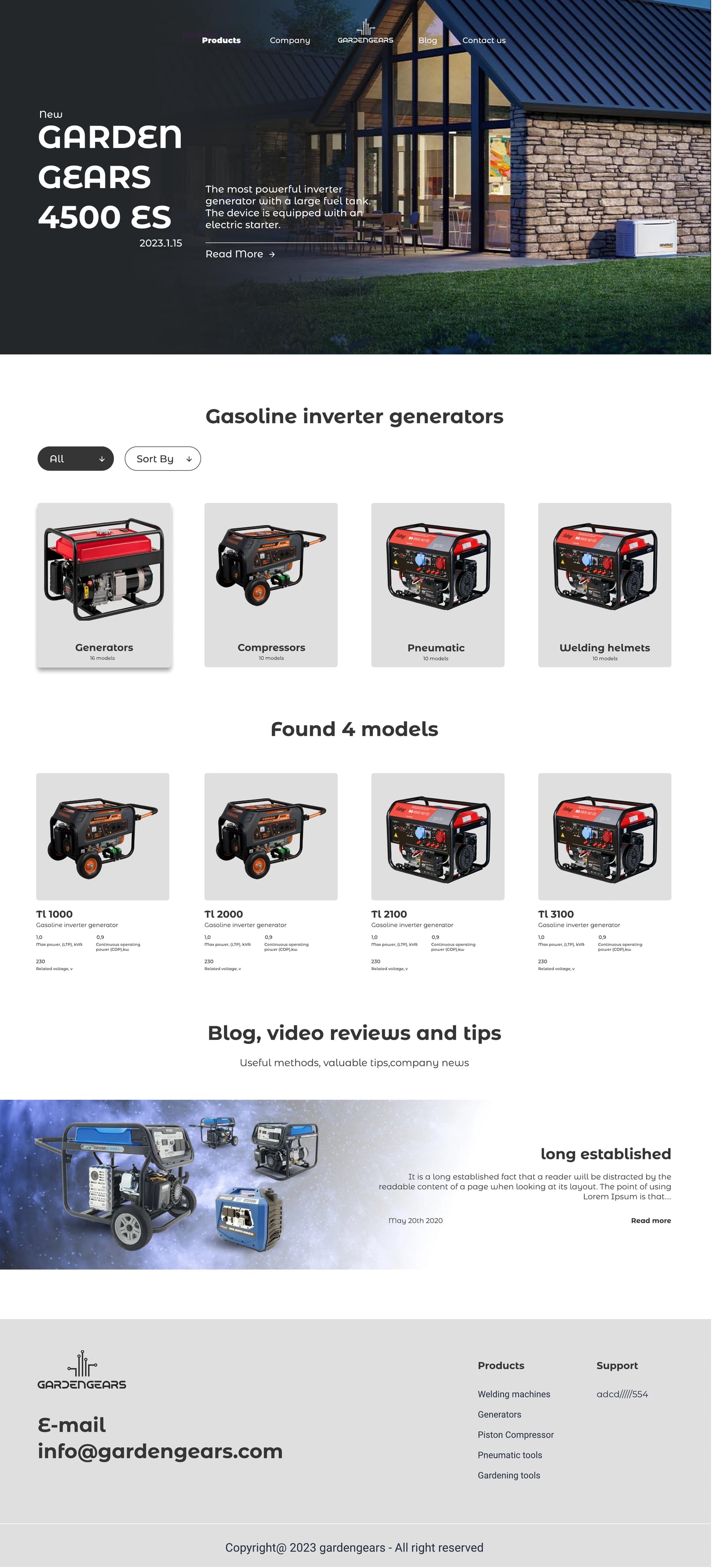 Full-length GardenGears Graphite ecommerce website catalog page design with a house and generator hero, filter pills, a category row and a row of four model cards.