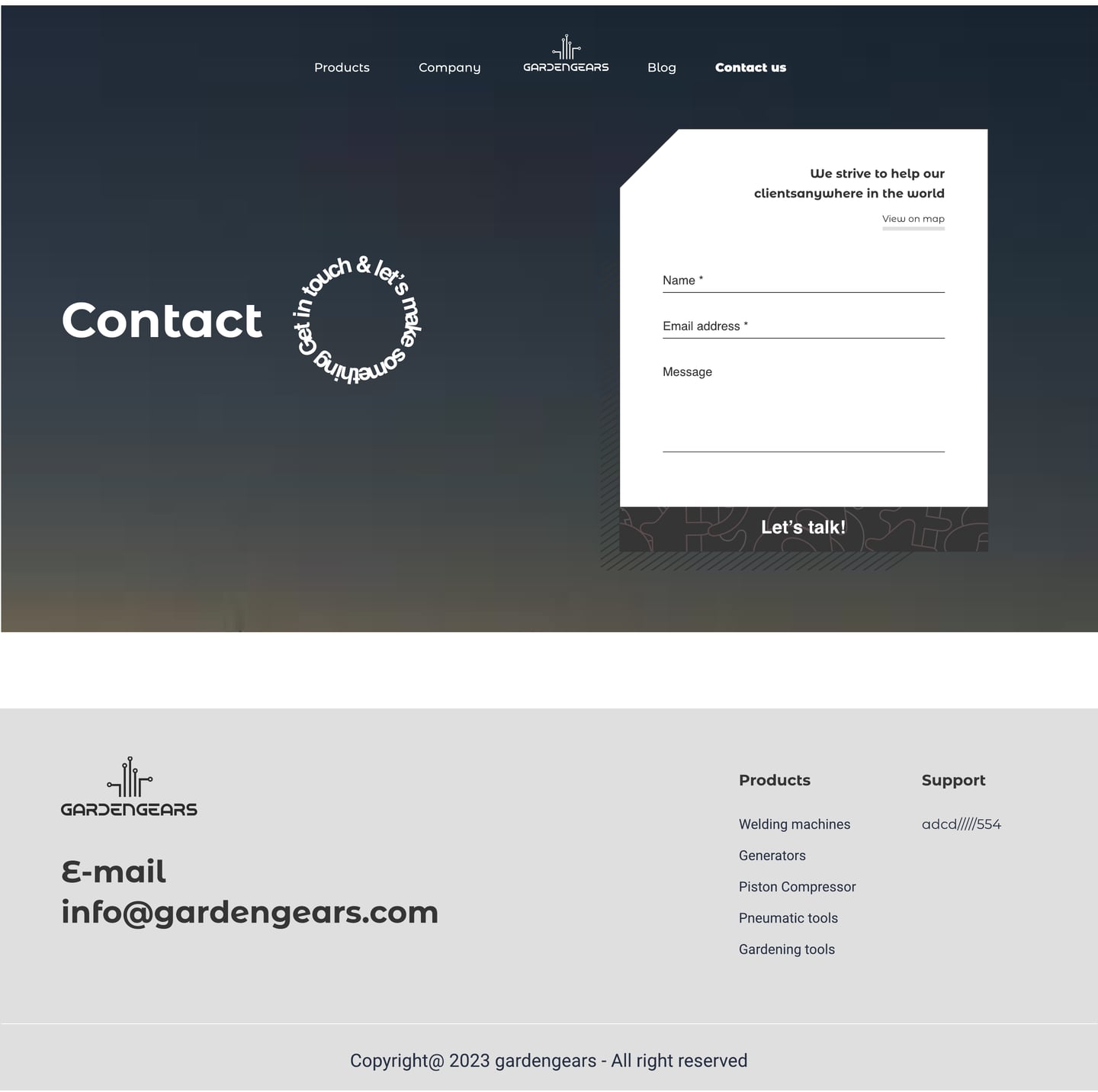 Full-length GardenGears Graphite ecommerce website contact page design with a dusk sky hero and a white contact form card.