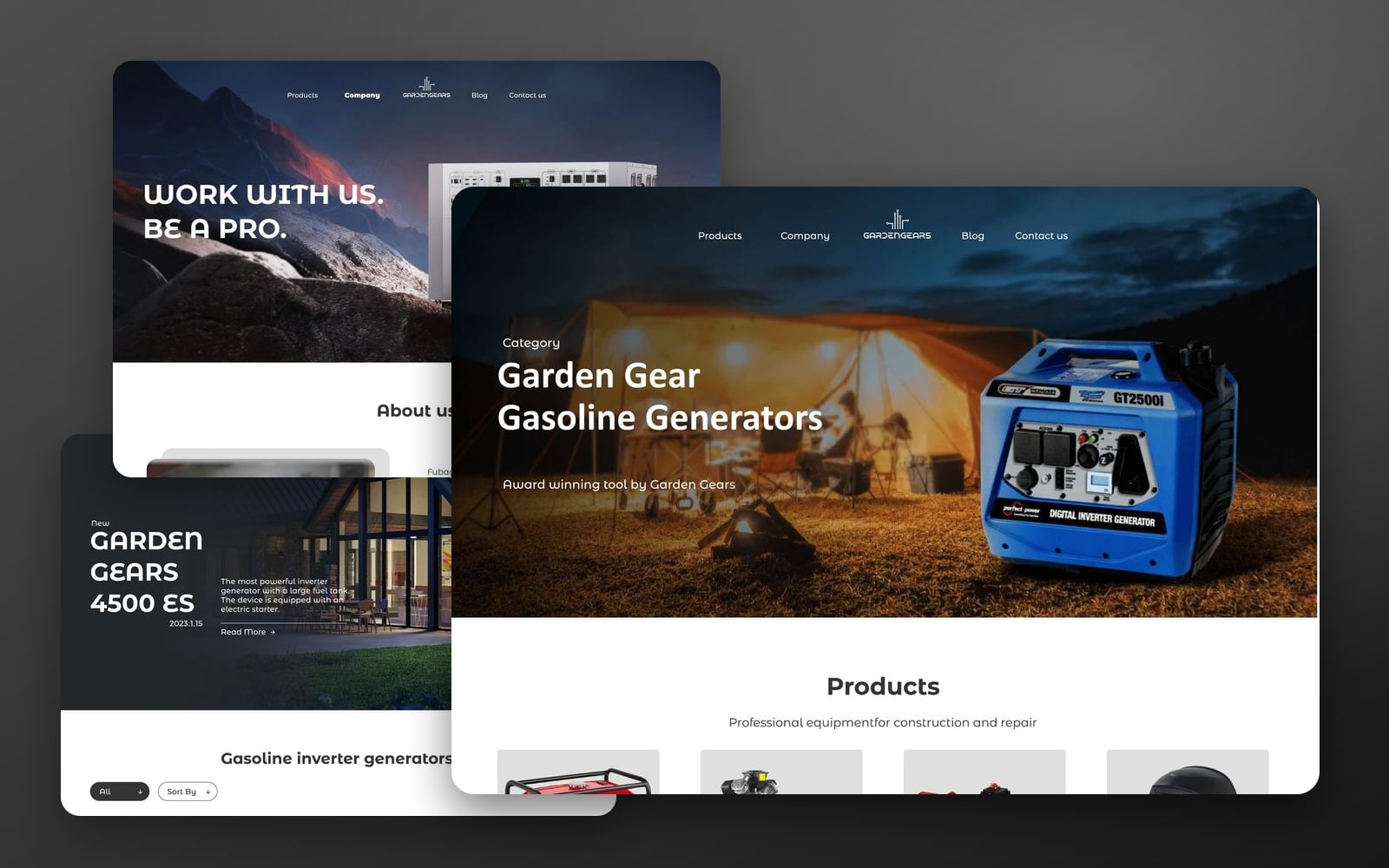 GardenGears Graphite ecommerce web design showcase: the home page with a blue generator at a campsite large in front of the about and catalog pages.