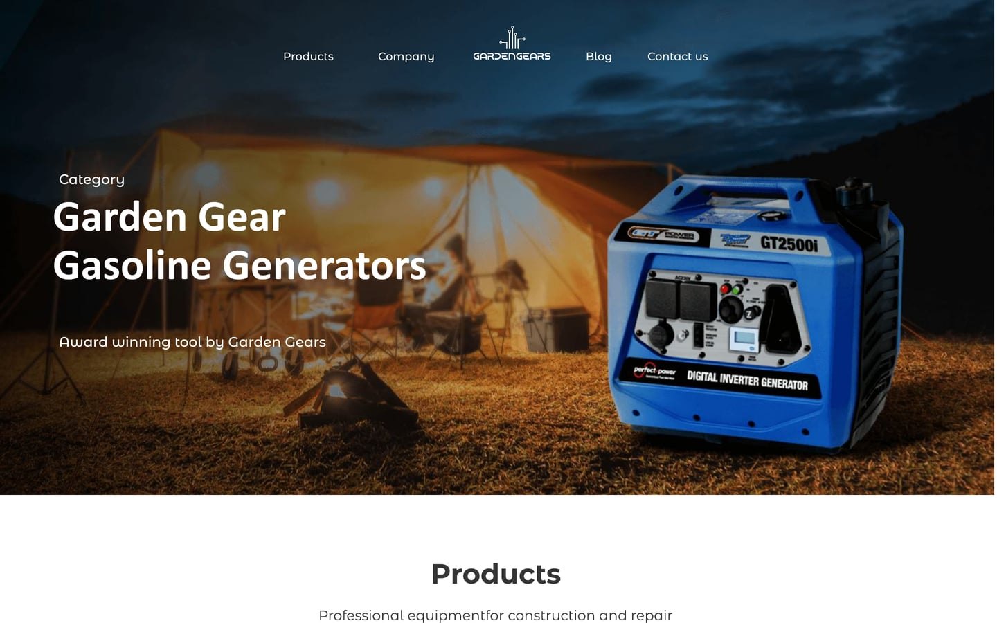 GardenGears Graphite ecommerce web design hero, a blue inverter generator on a campsite at dusk beside a Garden Gear Gasoline Generators headline.