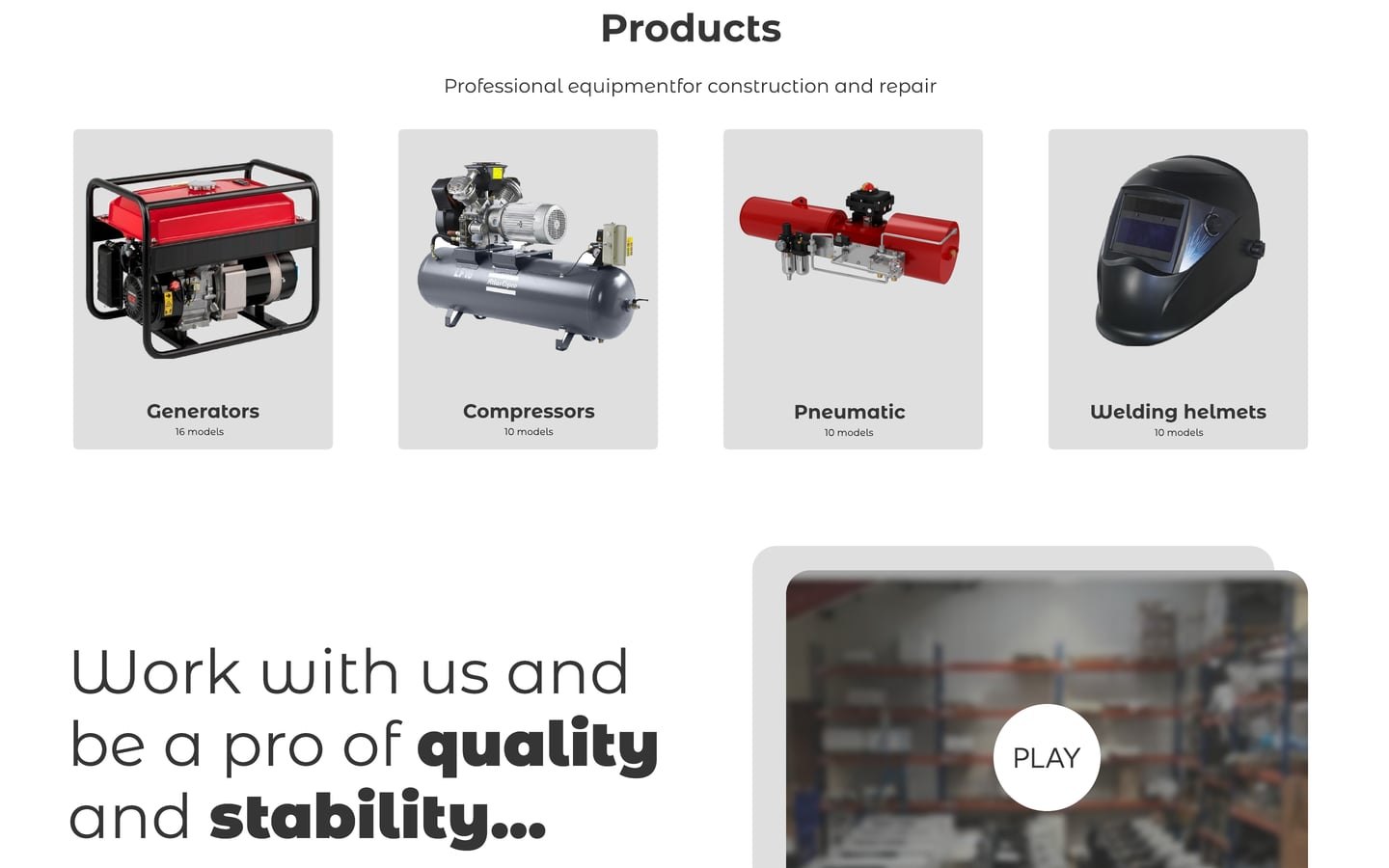 GardenGears Graphite ecommerce web design with four grey product tiles above a Work with us and be a pro of quality and stability statement beside a video panel.