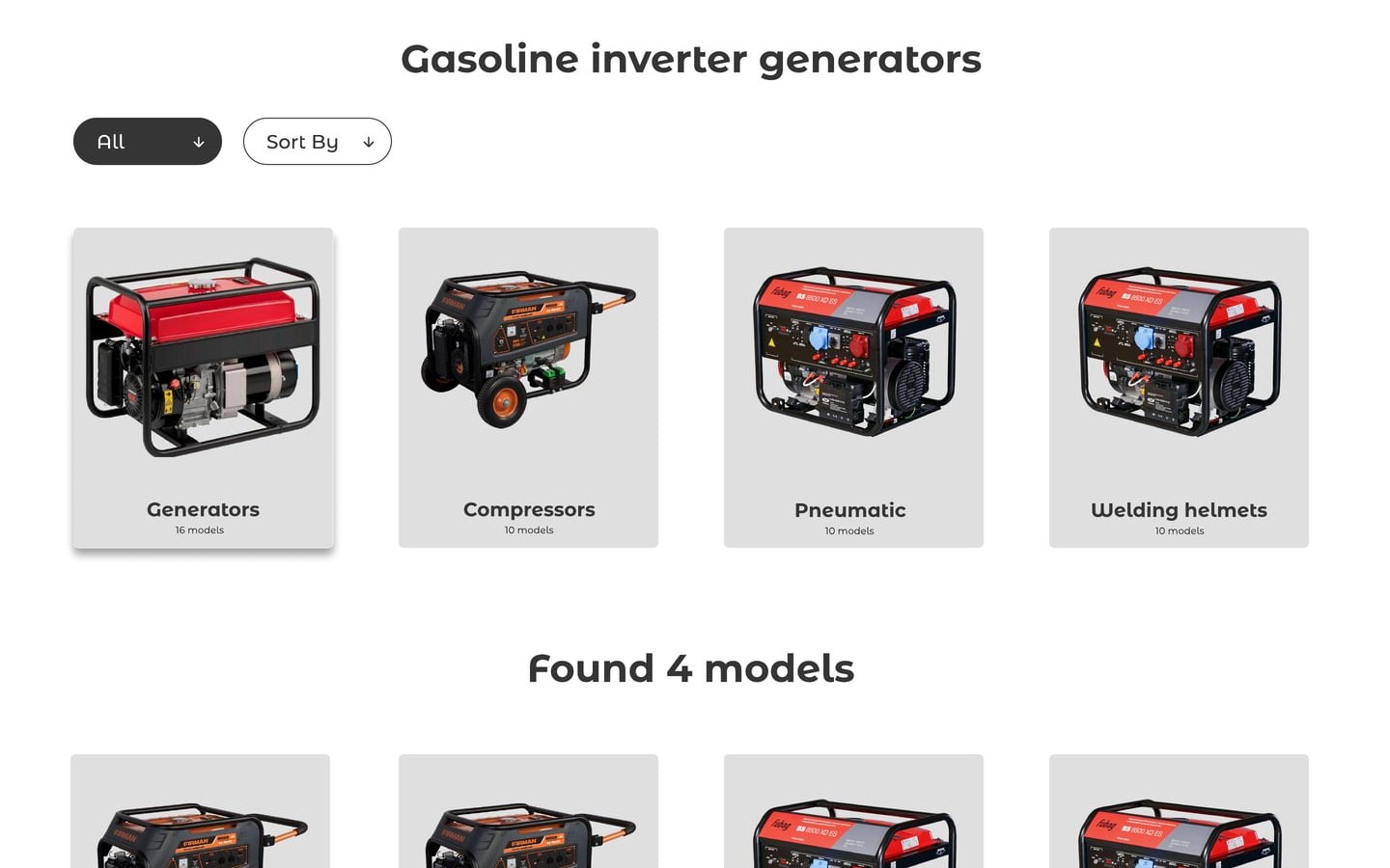 GardenGears Graphite catalog page with a gasoline inverter generators grid on grey tiles and a Found 4 models row below.