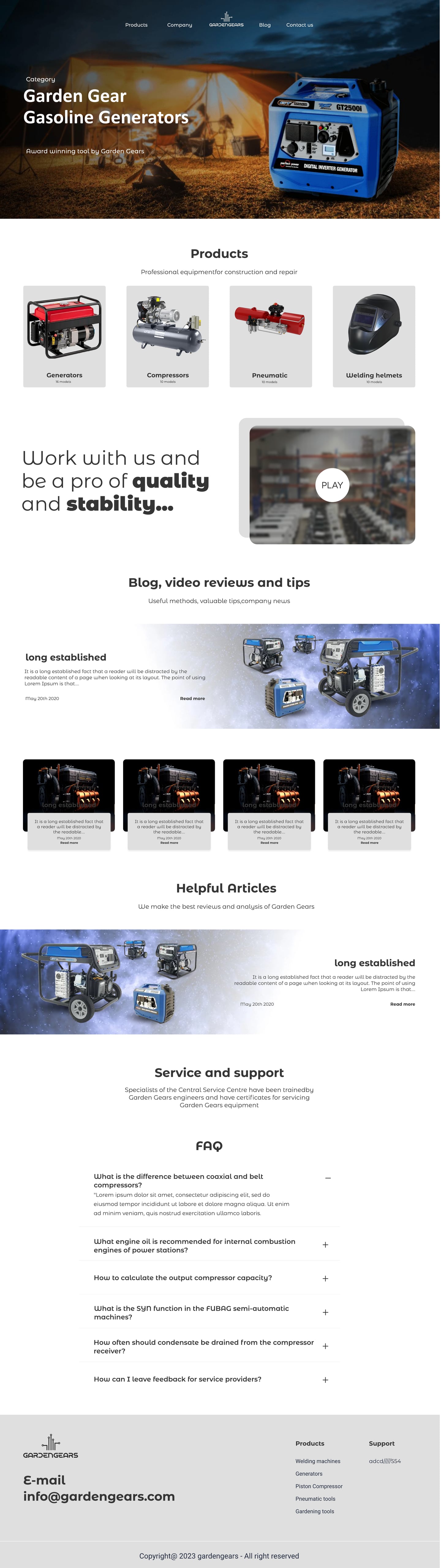 Full-length GardenGears Graphite ecommerce website home page design with a full-bleed campsite hero, grey product tiles, a play panel, article banners and an FAQ accordion.