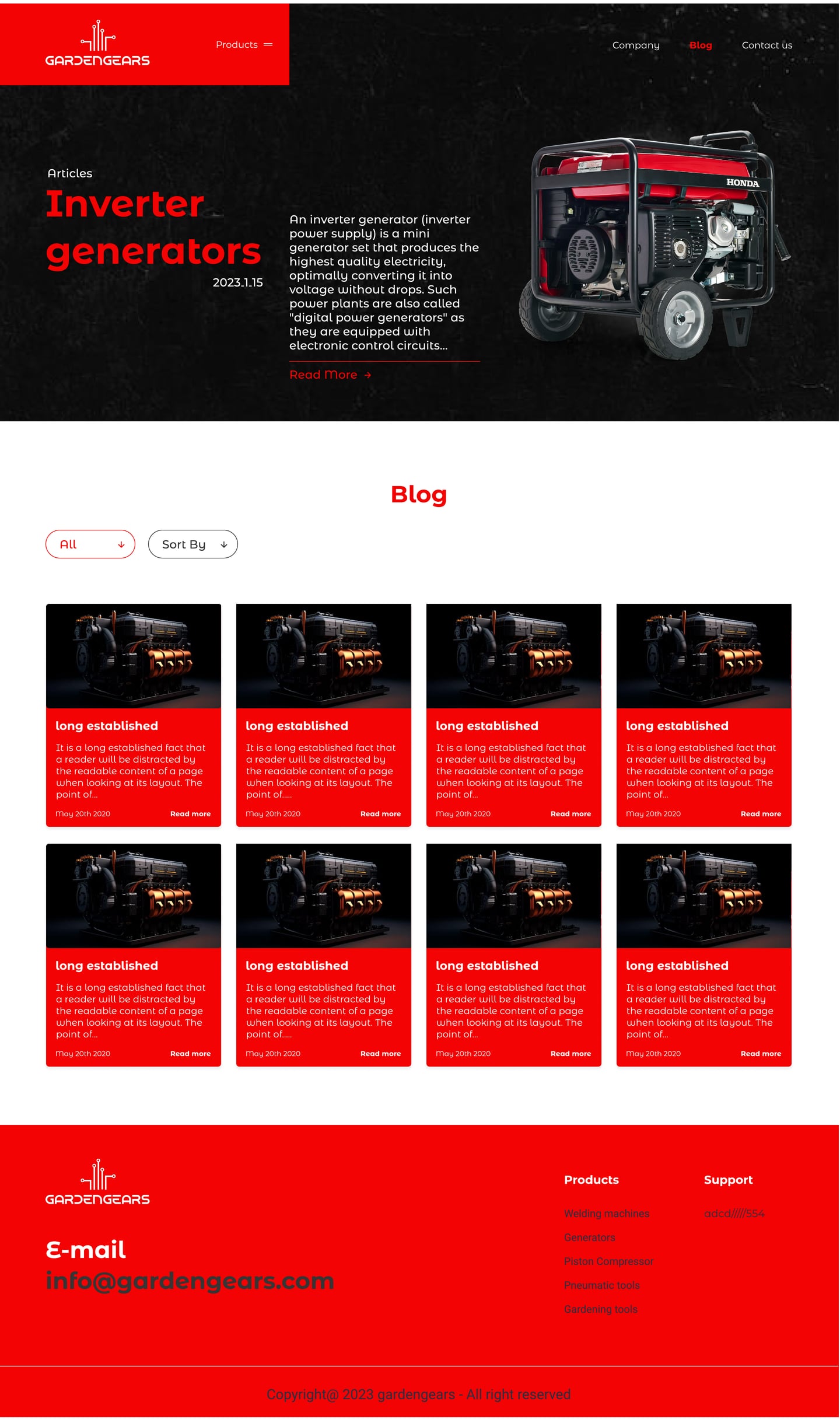 Full-length GardenGears Red ecommerce website blog page design with an inverter generator hero, filter pills and a grid of red article cards.