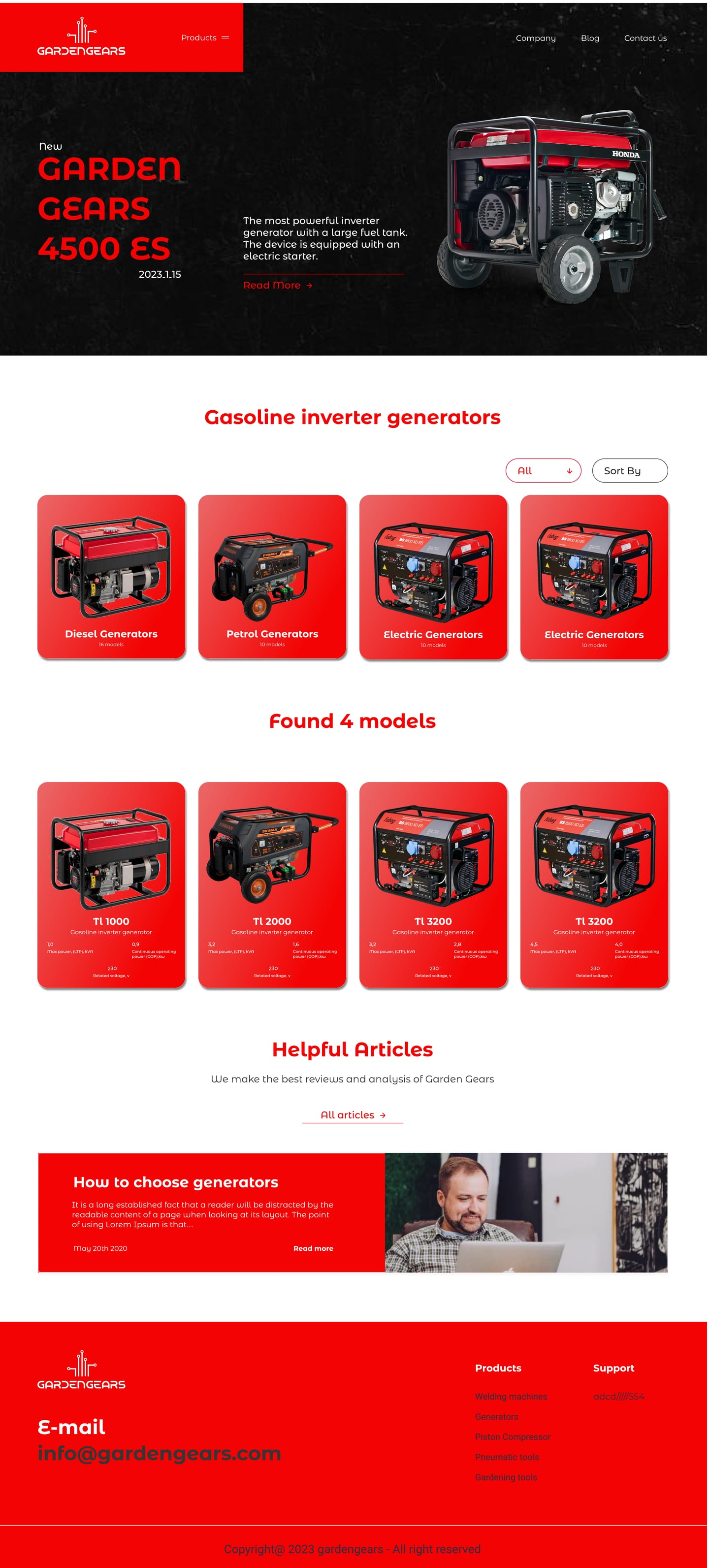 Full-length GardenGears Red ecommerce website catalog page design with a generator hero, filter pills, red category tiles and a row of four model cards.