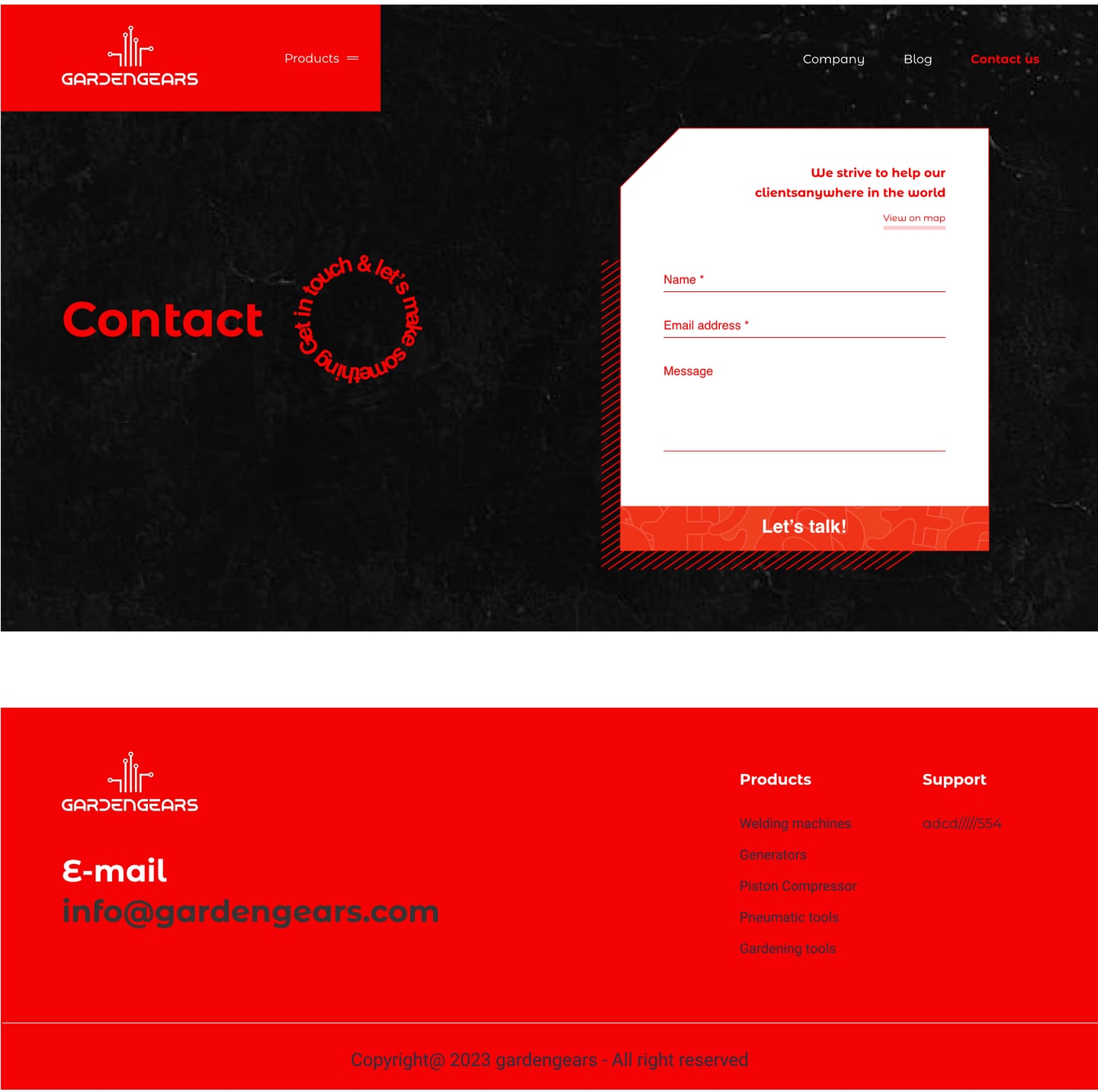 Full-length GardenGears Red ecommerce website contact page design with a dark hero, a ring of rotating text and a white contact form card.